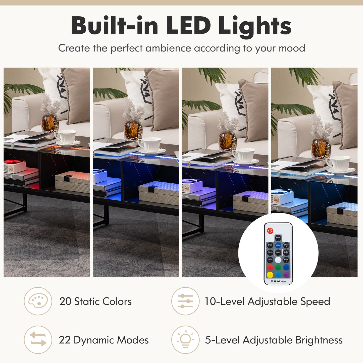 Modern LED Coffee Table with Faux Marble and Tempered Glass Top in Black