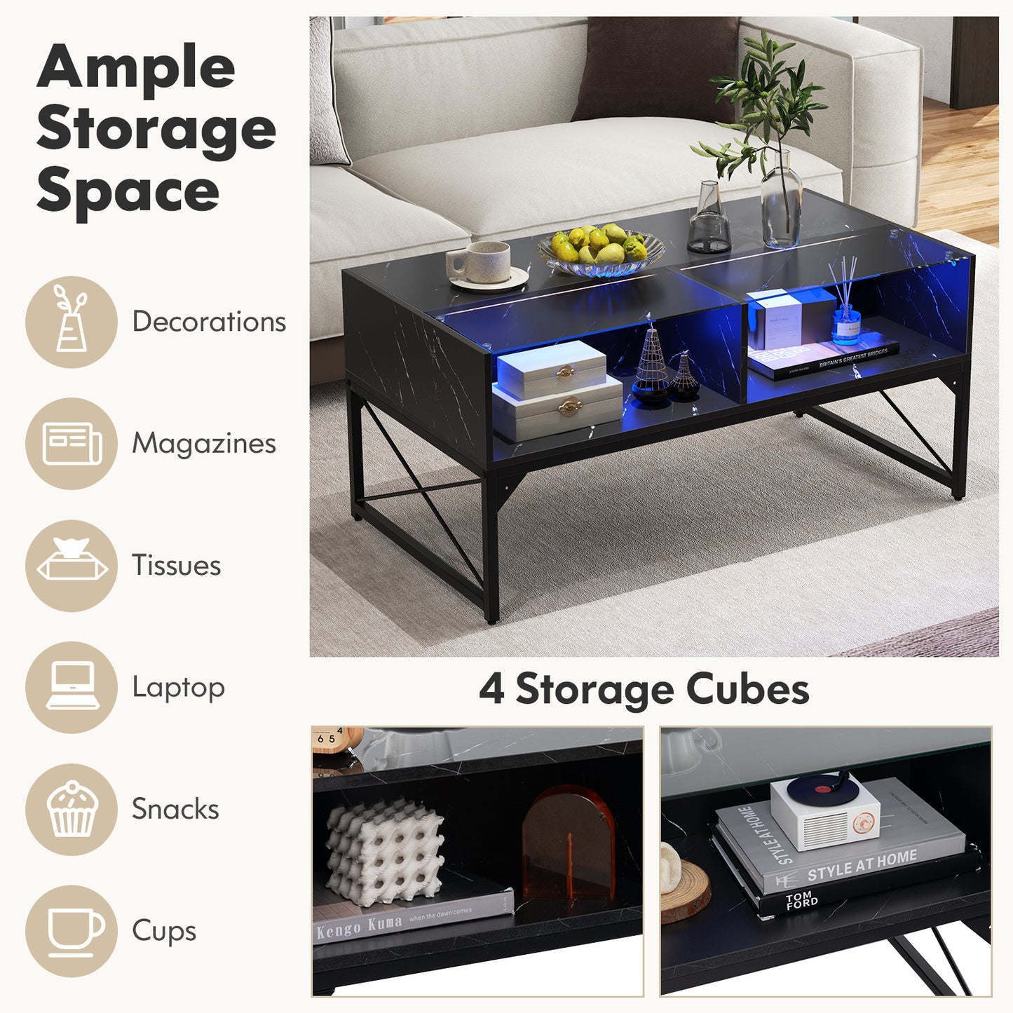 Modern LED Coffee Table with Faux Marble and Tempered Glass Top in Black