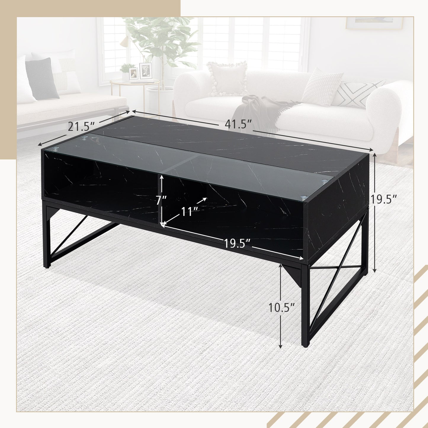 Modern LED Coffee Table with Faux Marble and Tempered Glass Top in Black