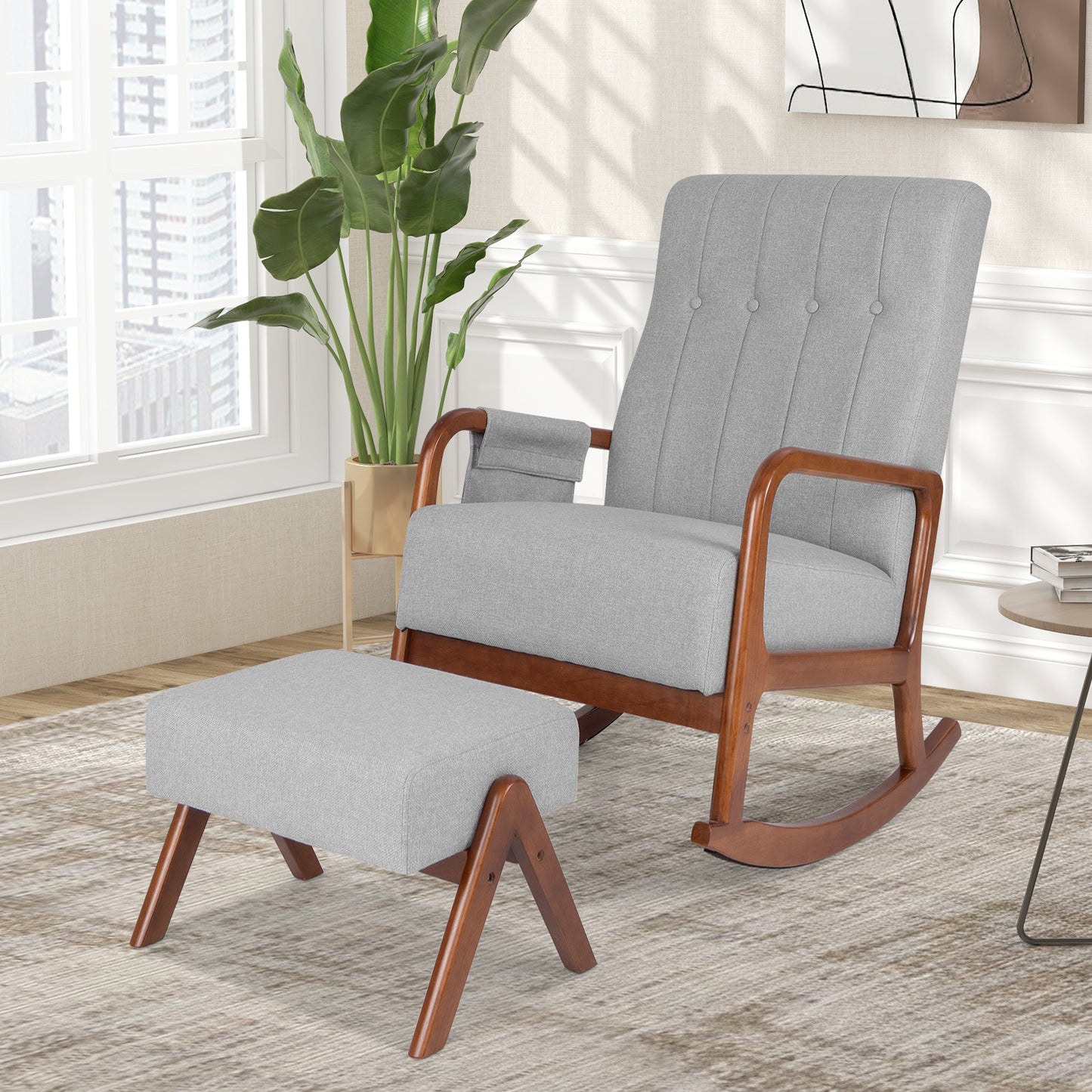Rocking Chair and Ottoman Set with Padded Cushions and Ergonomic Design, Grey