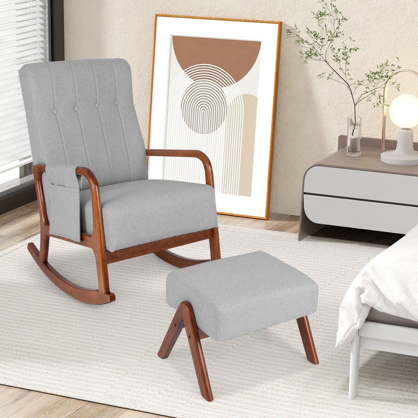 Rocking Chair and Ottoman Set with Padded Cushions and Ergonomic Design, Grey
