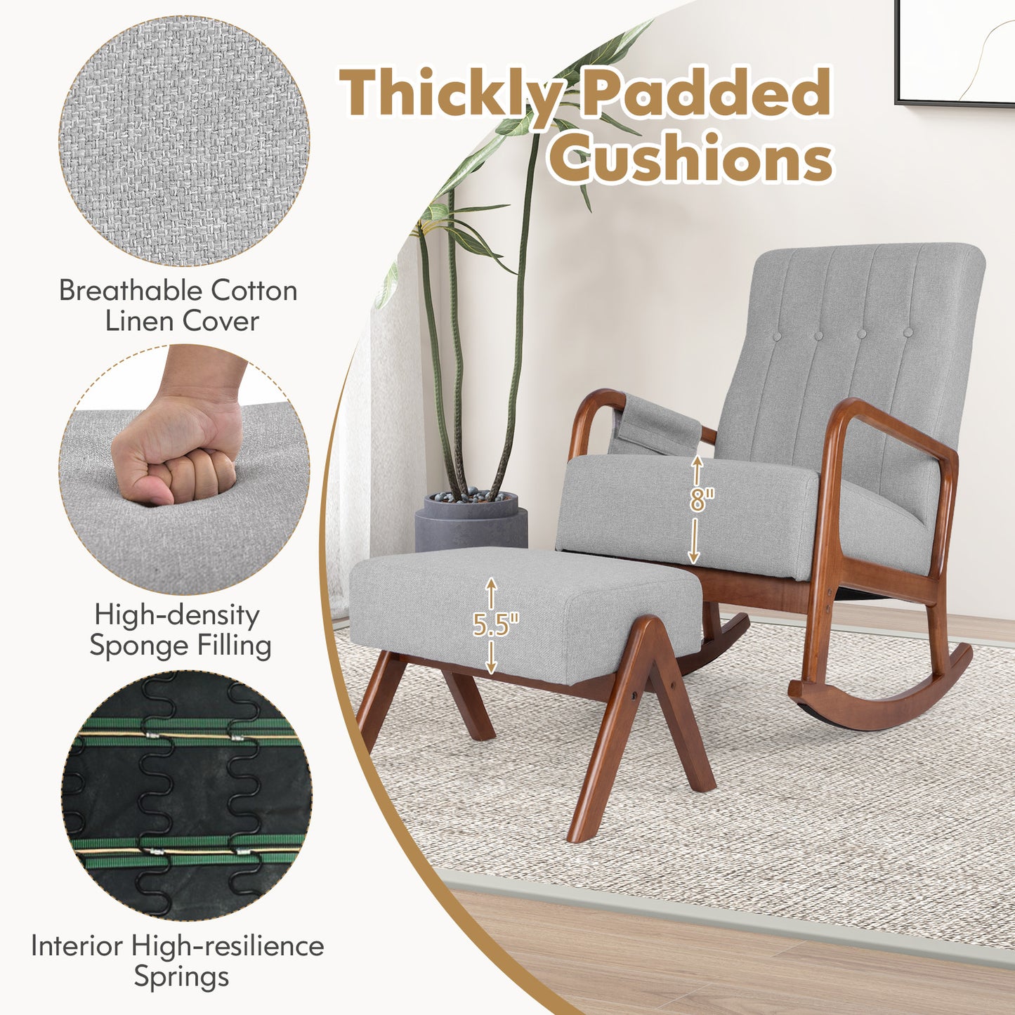 Rocking Chair and Ottoman Set with Padded Cushions and Ergonomic Design, Grey