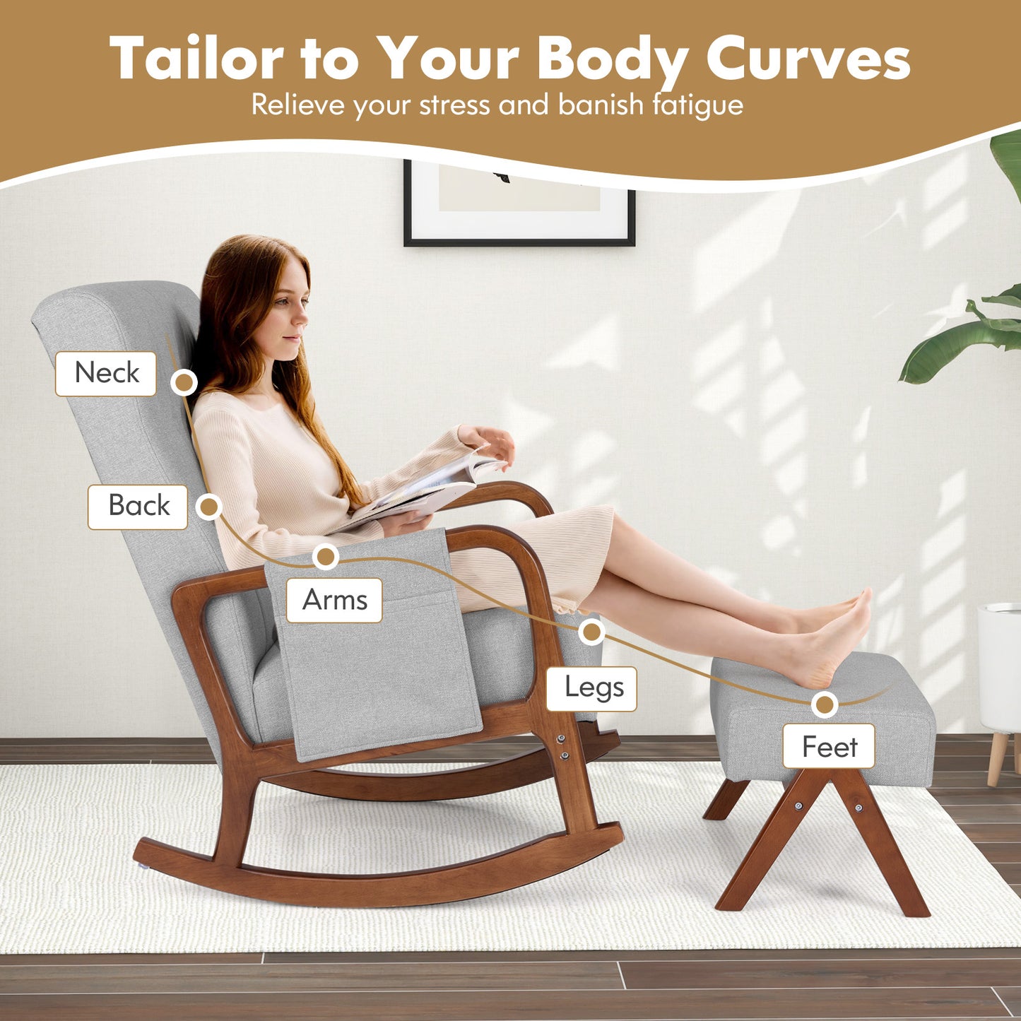 Rocking Chair and Ottoman Set with Padded Cushions and Ergonomic Design, Grey