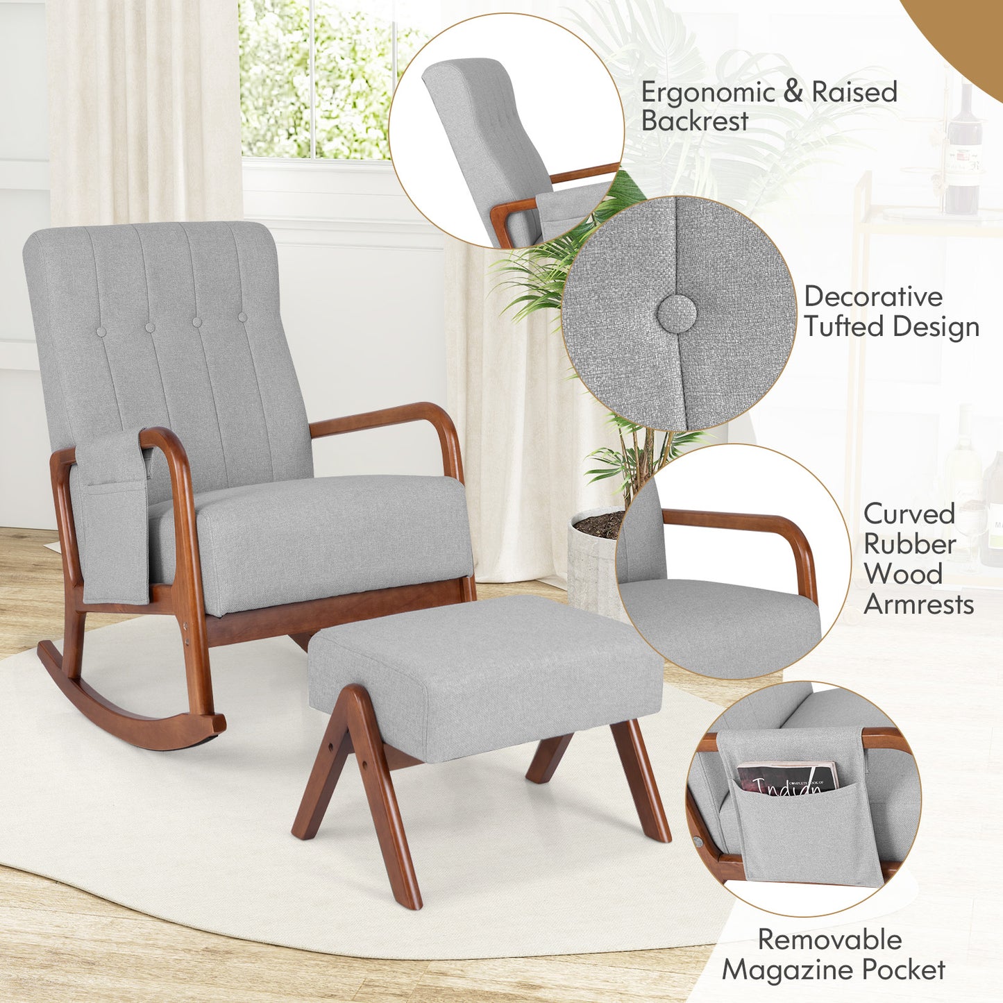 Rocking Chair and Ottoman Set with Padded Cushions and Ergonomic Design, Grey