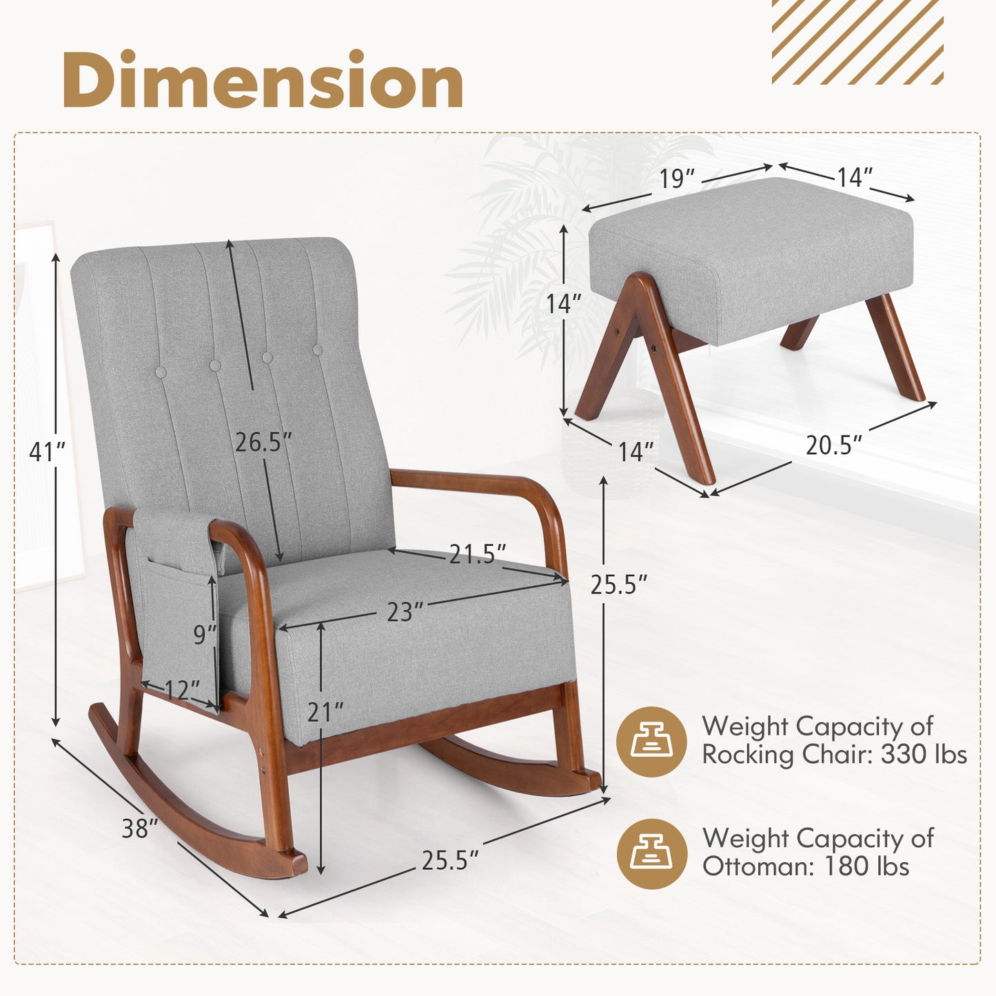Rocking Chair and Ottoman Set with Padded Cushions and Ergonomic Design, Grey
