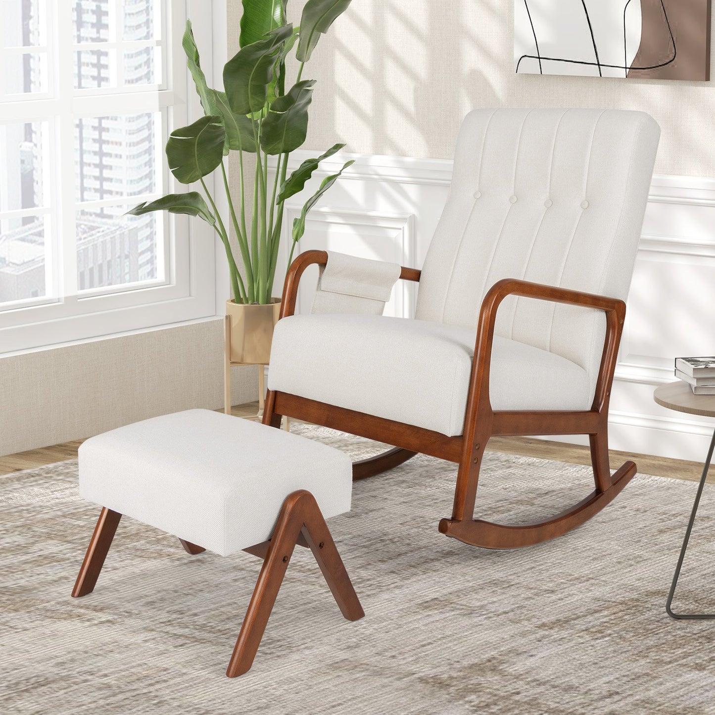Rocking Chair and Ottoman Set with Padded Cushions and Ergonomic Design, Beige