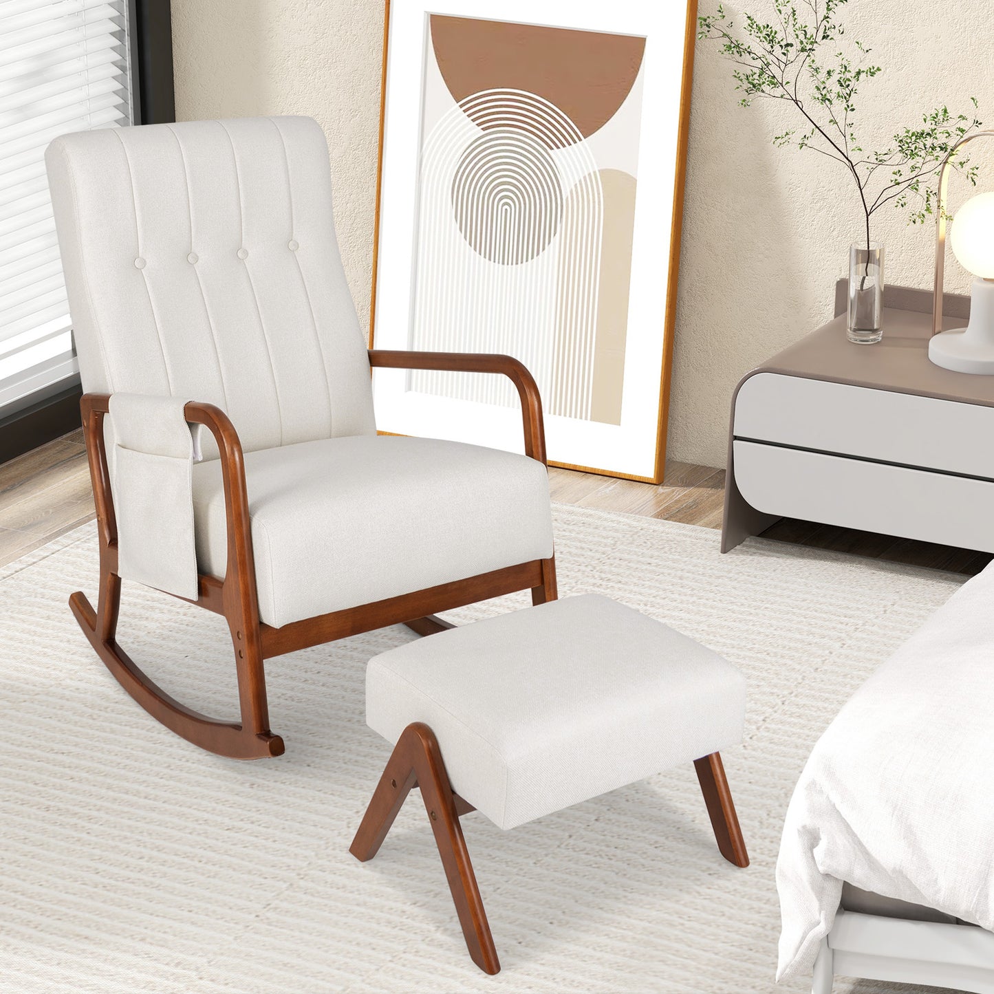 Rocking Chair and Ottoman Set with Padded Cushions and Ergonomic Design, Beige
