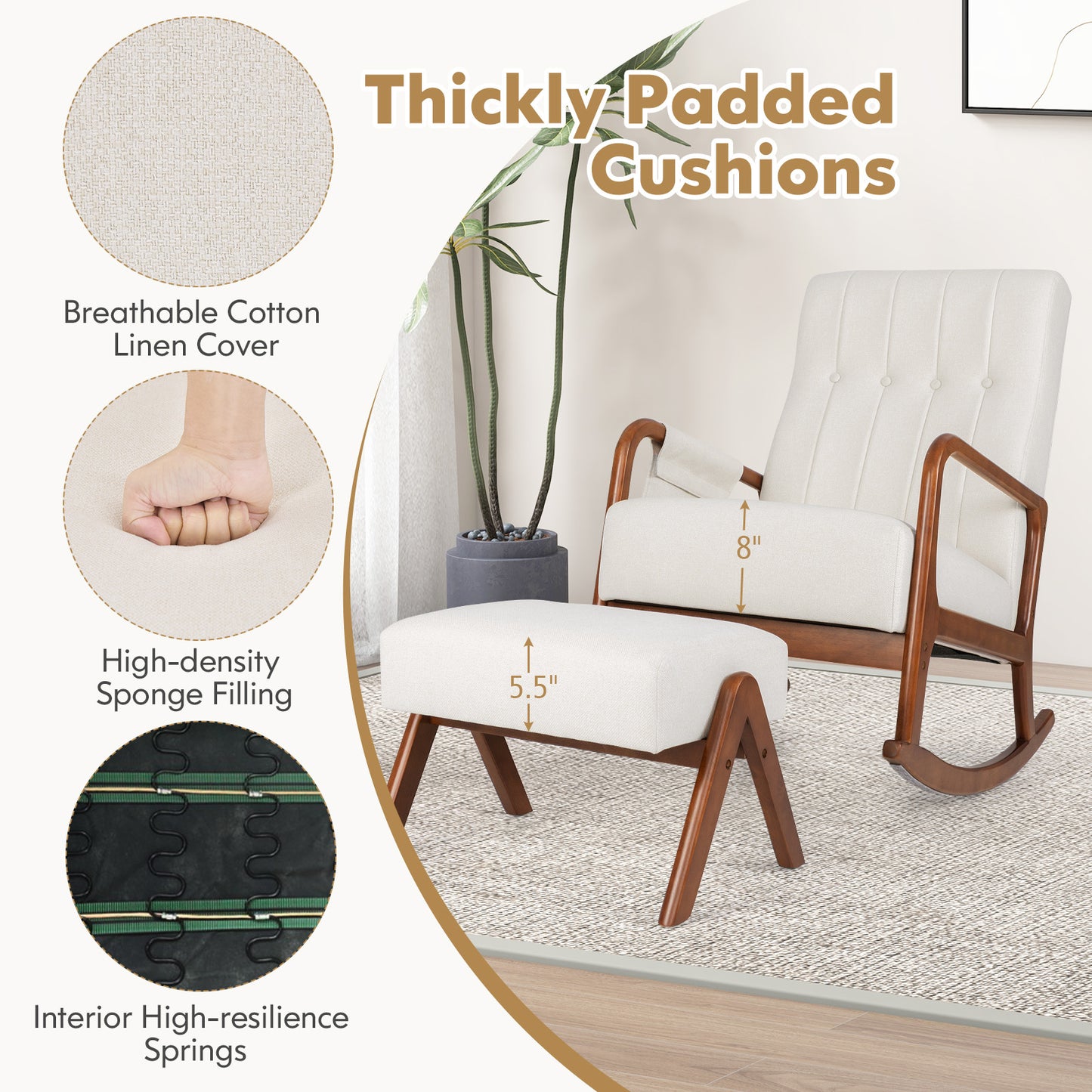 Rocking Chair and Ottoman Set with Padded Cushions and Ergonomic Design, Beige