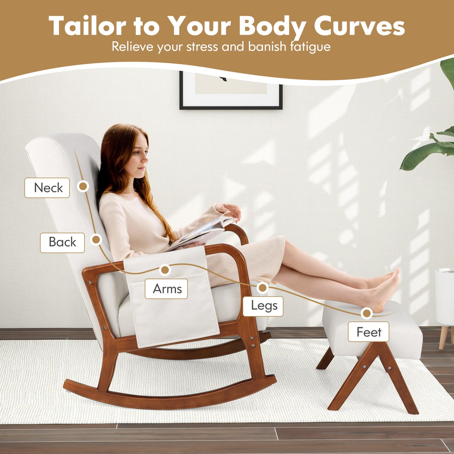 Rocking Chair and Ottoman Set with Padded Cushions and Ergonomic Design, Beige