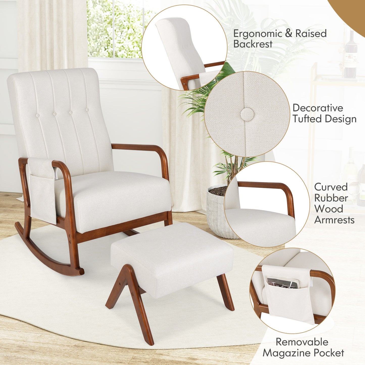 Rocking Chair and Ottoman Set with Padded Cushions and Ergonomic Design, Beige