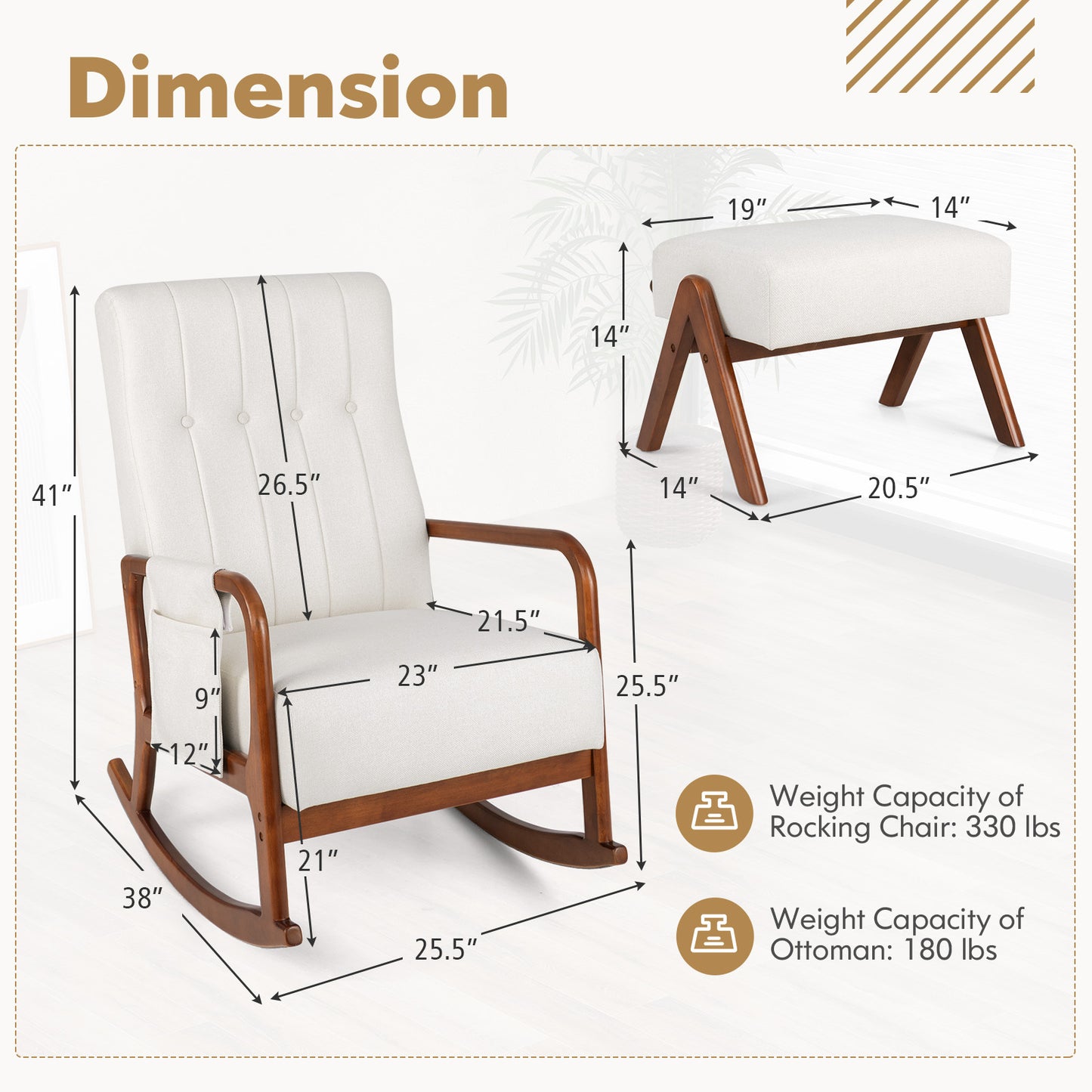 Rocking Chair and Ottoman Set with Padded Cushions and Ergonomic Design, Beige