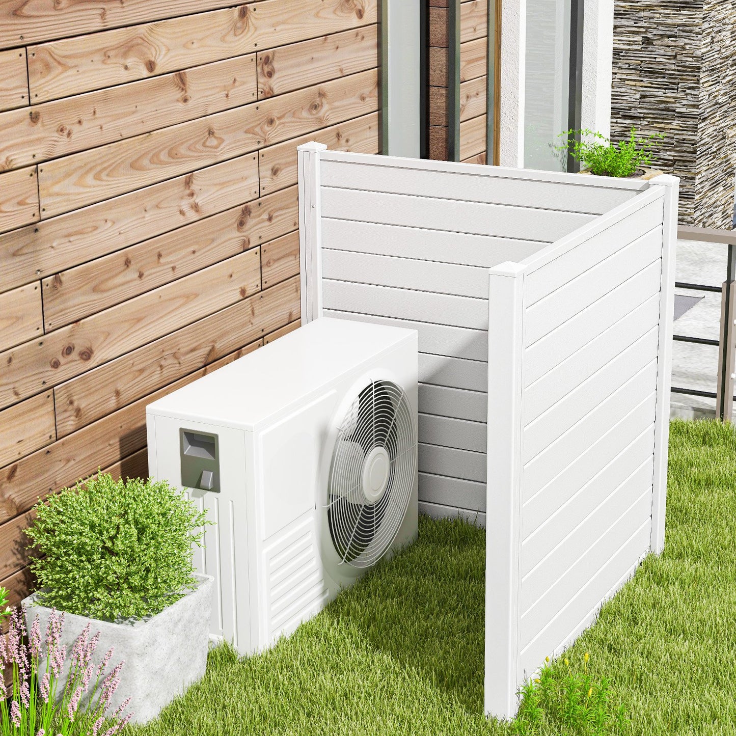 Freestanding 48 x 48 Inch Outdoor Privacy Fence for Air Conditioner with Metal Ground Stakes