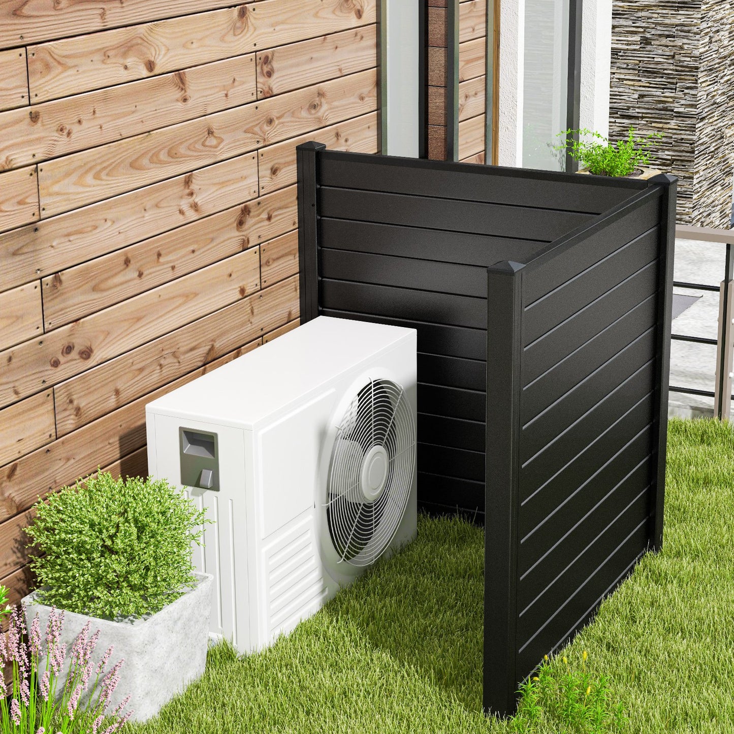Freestanding 48 x 48 Inch Outdoor Privacy Fence for Air Conditioner with Metal Ground Stakes