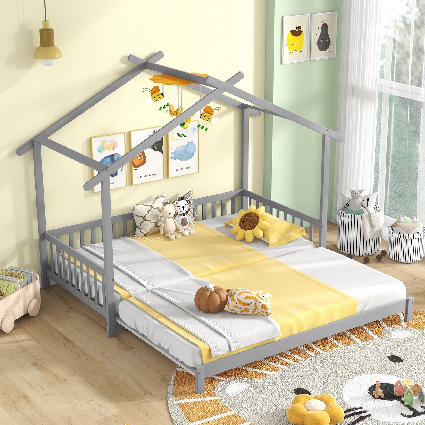 Convertible House-Shaped Twin to King Daybed with Roof and Safety Rails – Grey