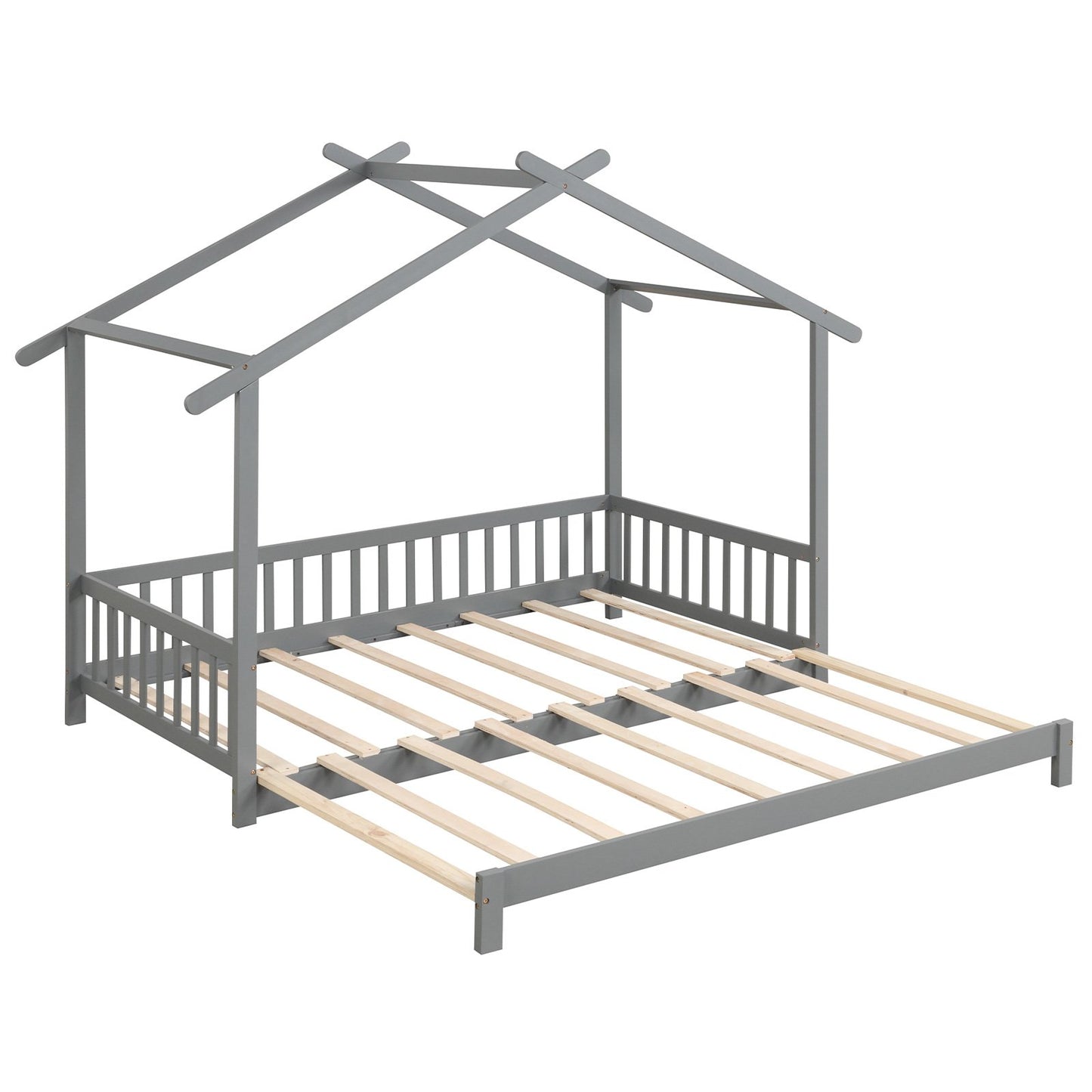 Convertible House-Shaped Twin to King Daybed with Roof and Safety Rails – Grey