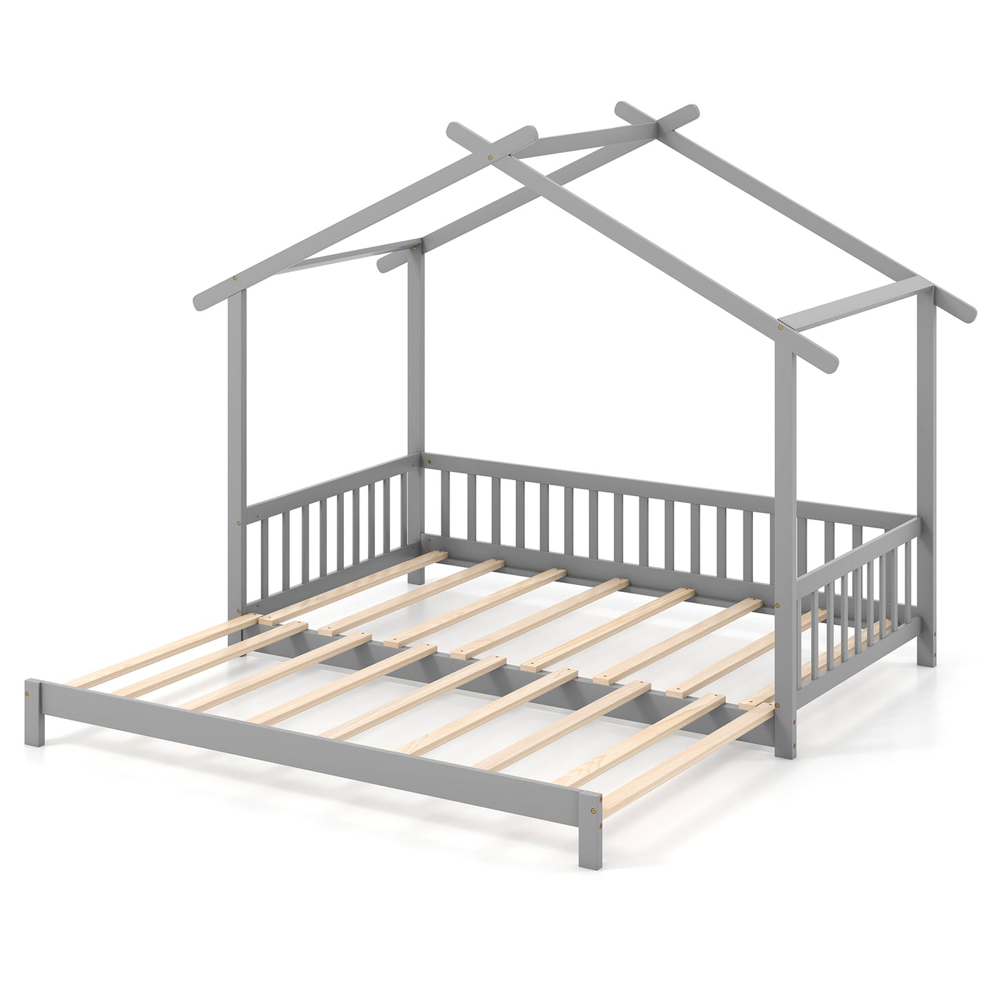 Convertible House-Shaped Twin to King Daybed with Roof and Safety Rails – Grey