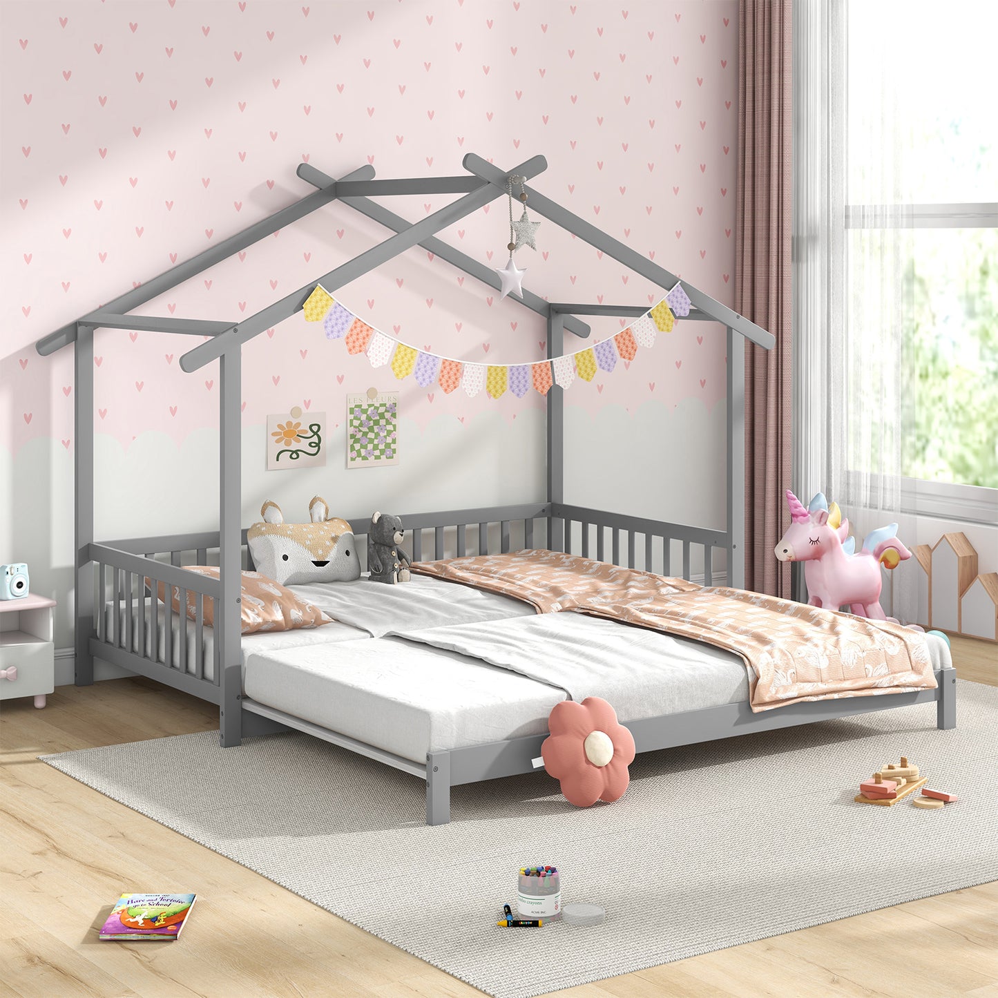 Convertible House-Shaped Twin to King Daybed with Roof and Safety Rails – Grey