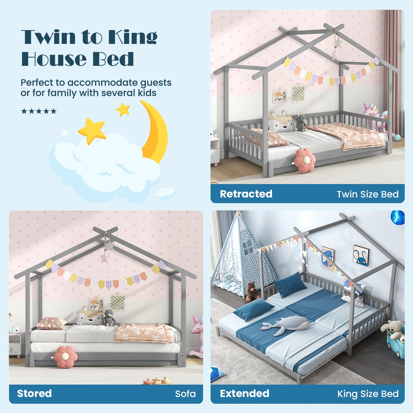 Convertible House-Shaped Twin to King Daybed with Roof and Safety Rails – Grey