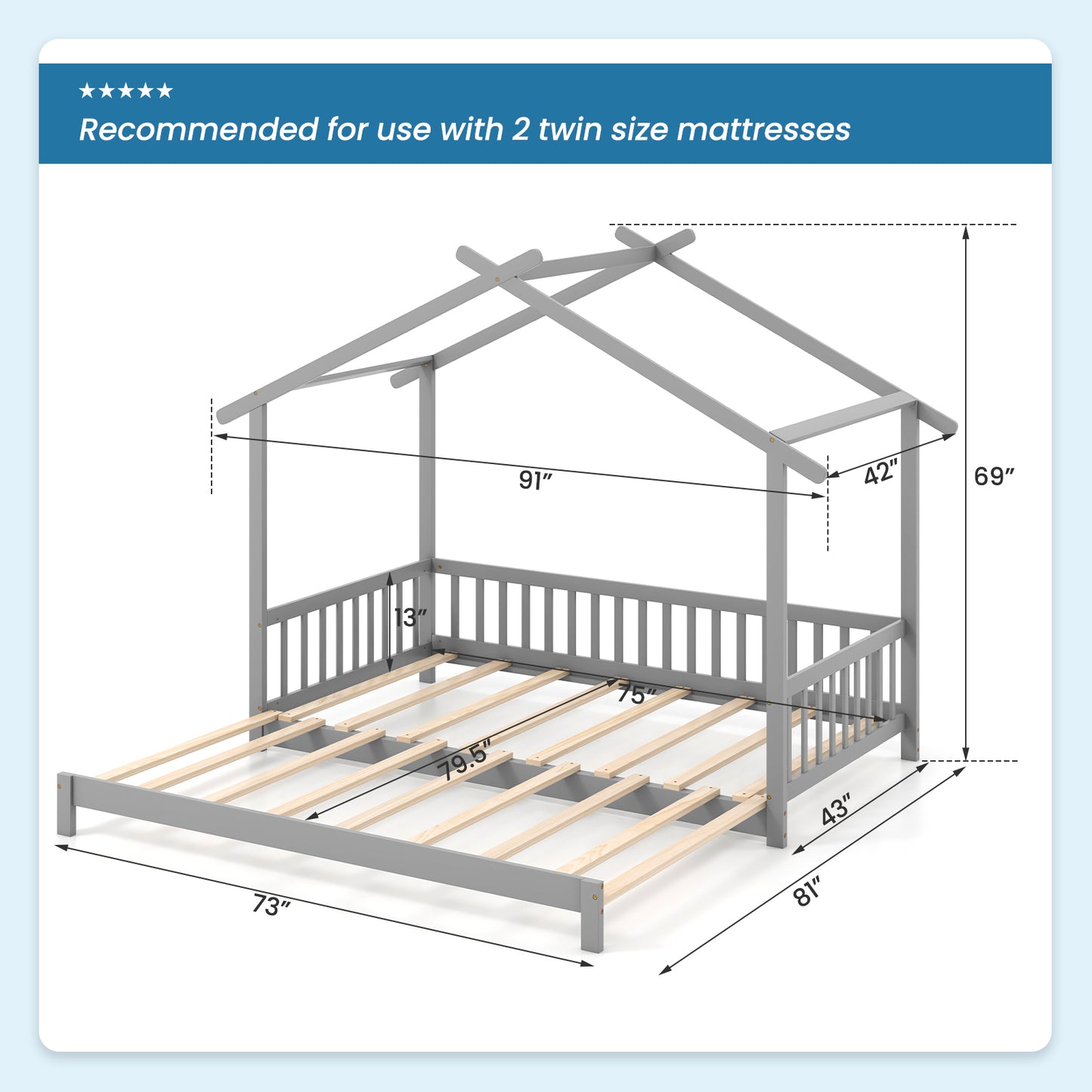 Convertible House-Shaped Twin to King Daybed with Roof and Safety Rails – Grey