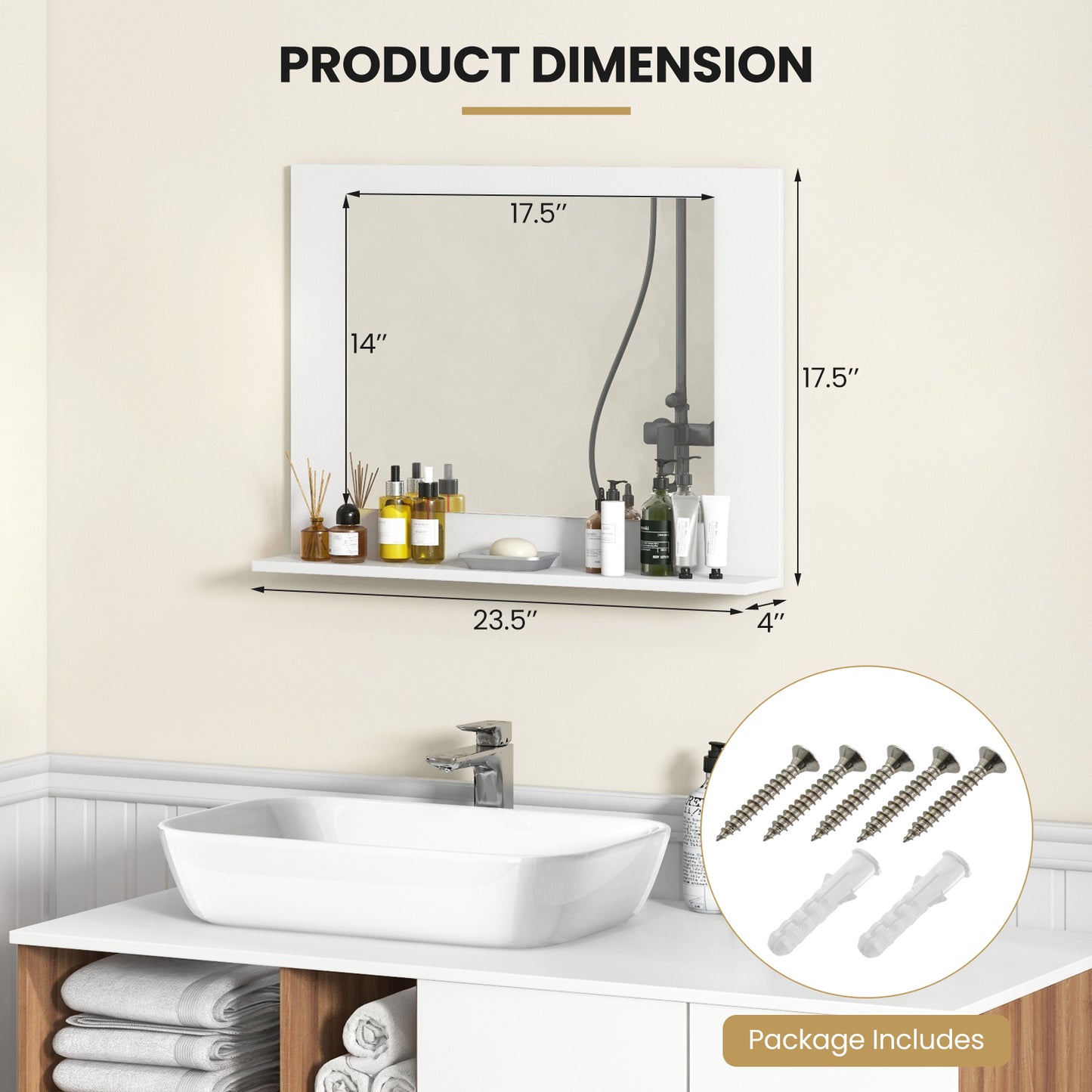 23.5 x 17.5 Inch Rectangle Bathroom Mirror with Shelf and Wood Frame - White