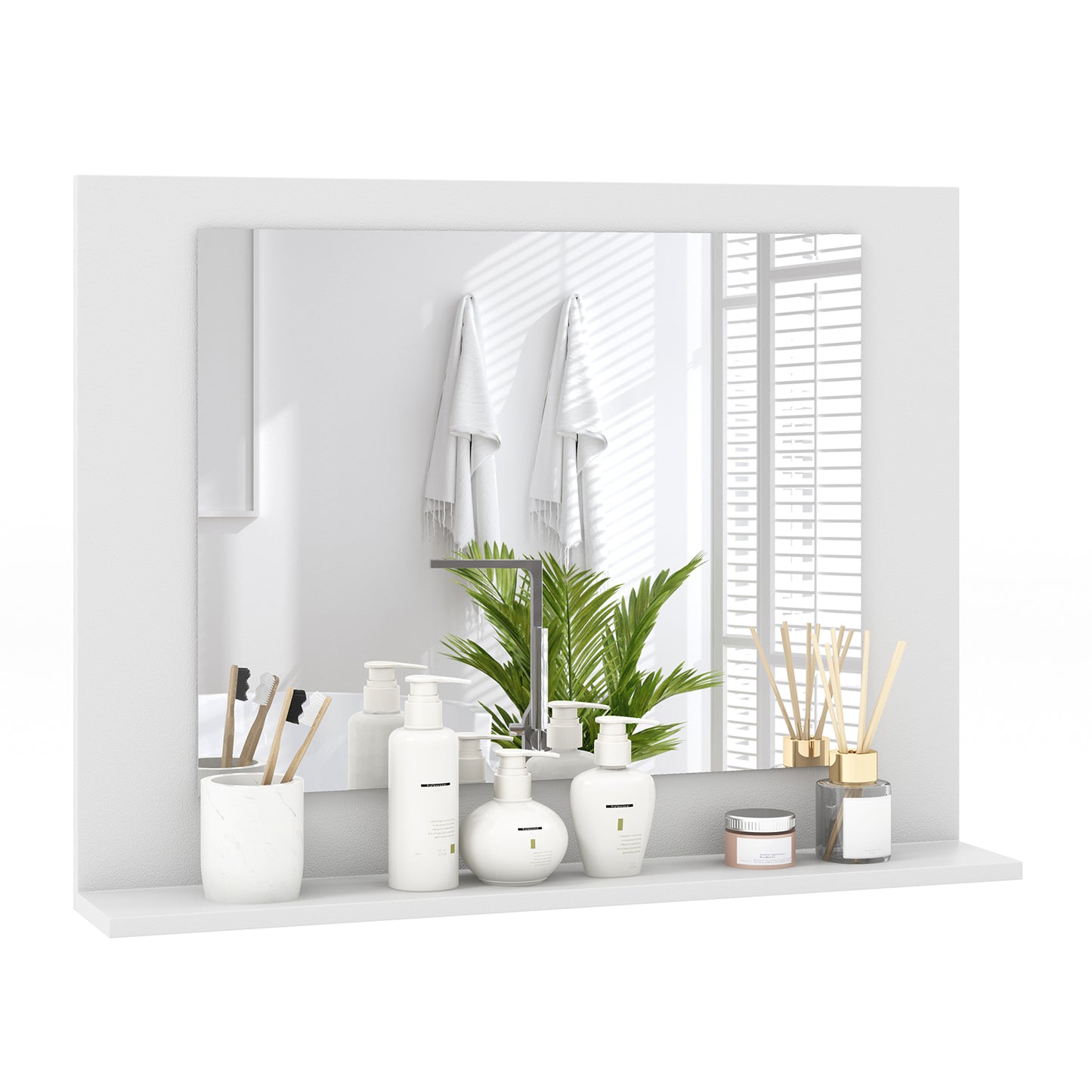 23.5 x 17.5 Inch Rectangle Bathroom Mirror with Shelf and Wood Frame - White