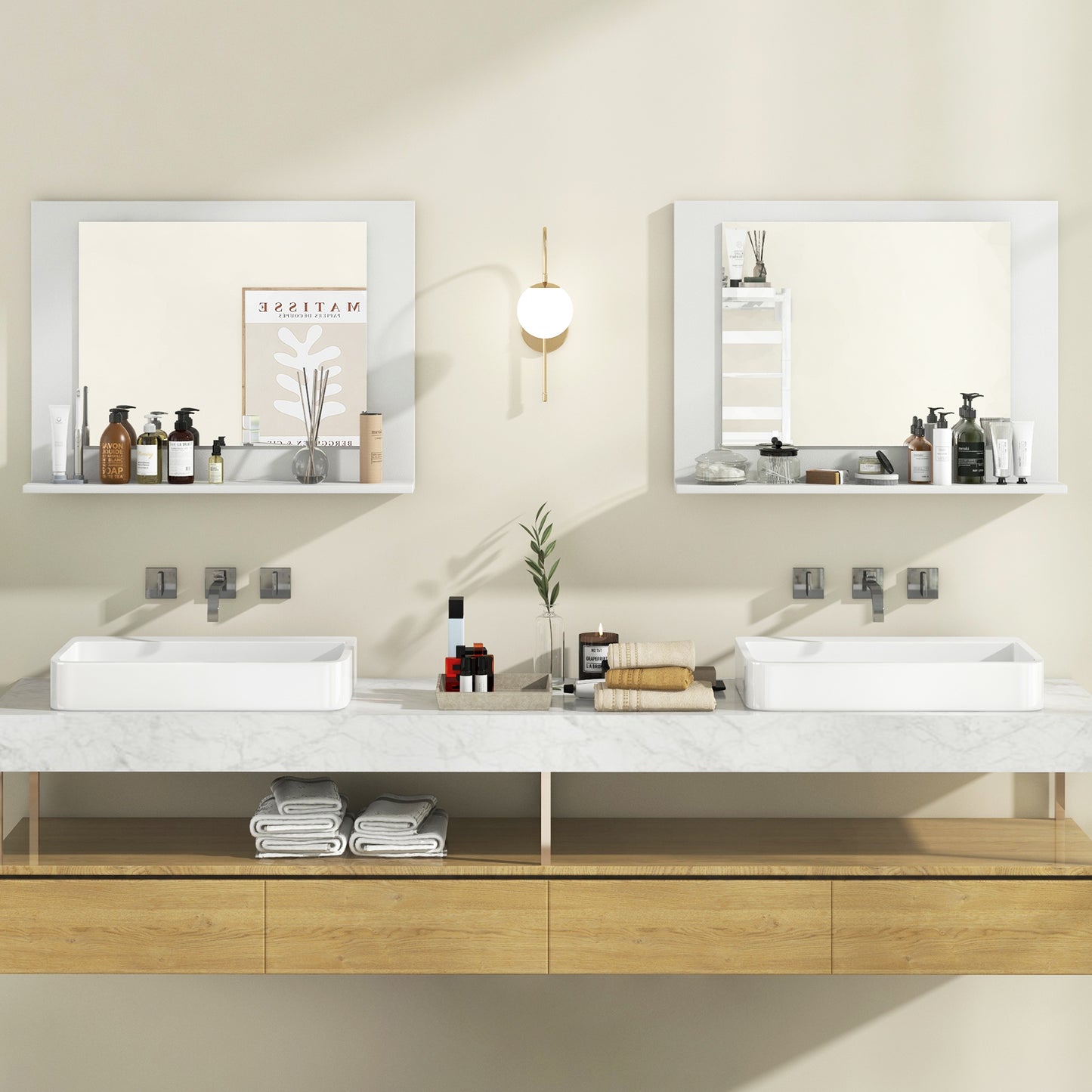 23.5 x 17.5 Inch Rectangle Bathroom Mirror with Shelf and Wood Frame - White