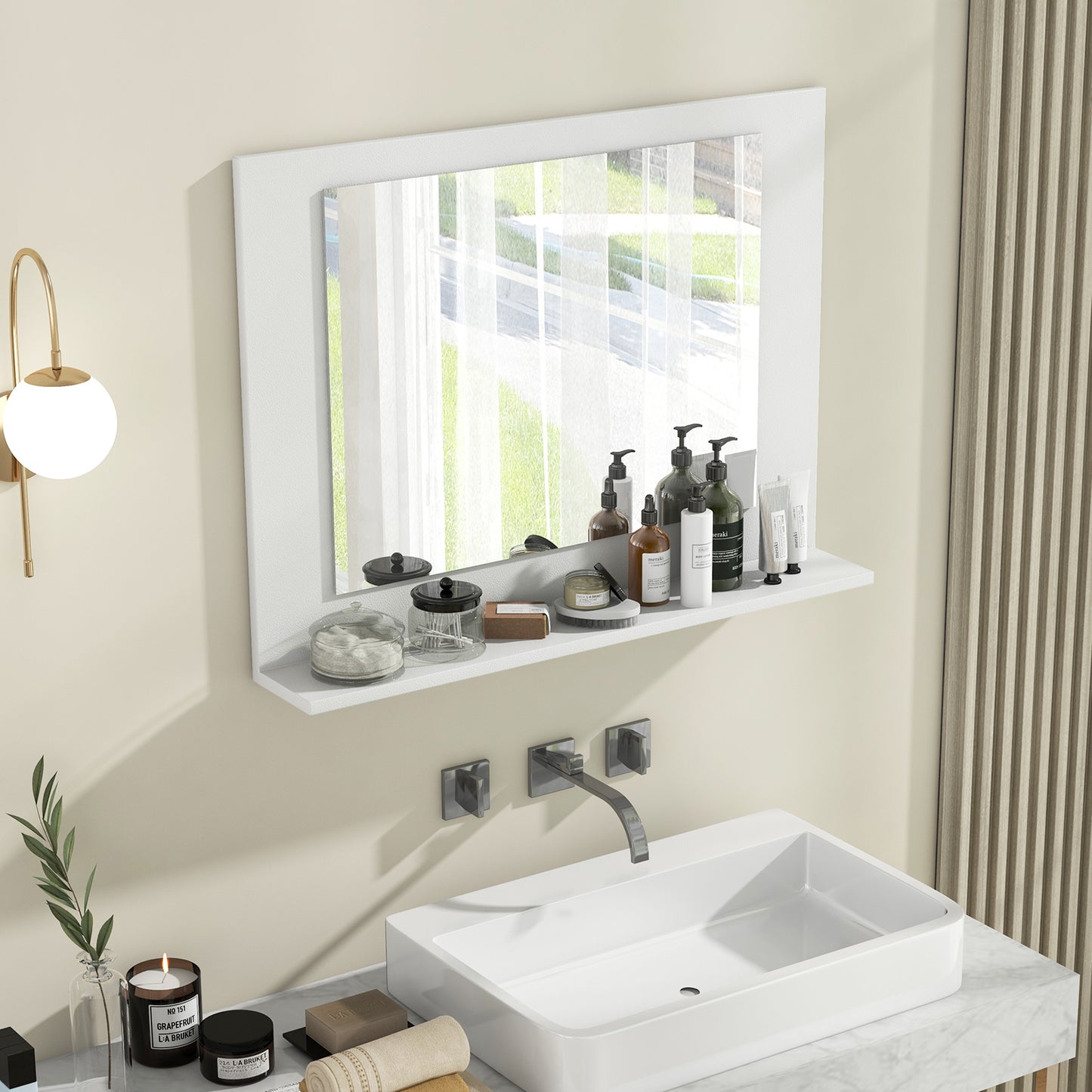 23.5 x 17.5 Inch Rectangle Bathroom Mirror with Shelf and Wood Frame - White