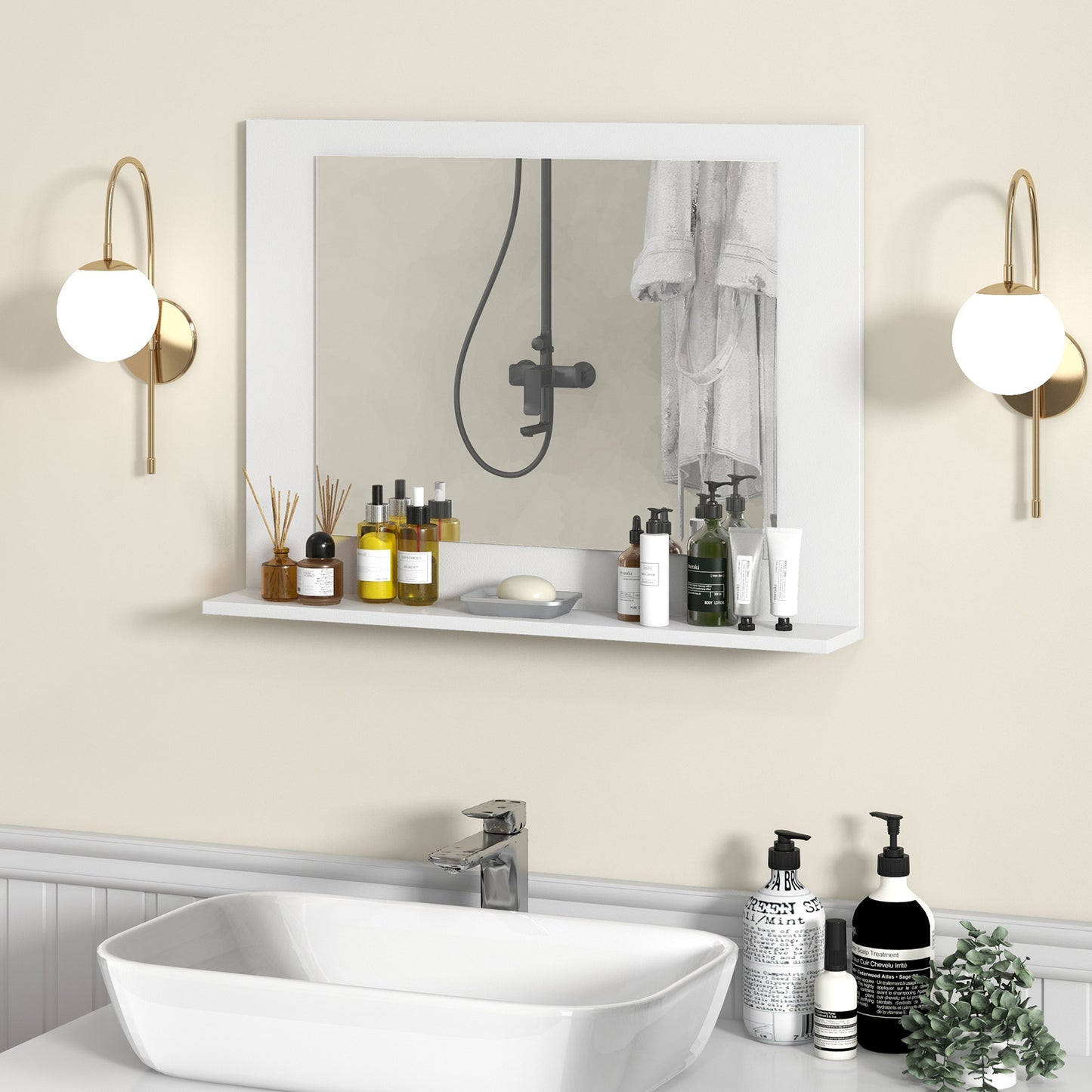 23.5 x 17.5 Inch Rectangle Bathroom Mirror with Shelf and Wood Frame - White