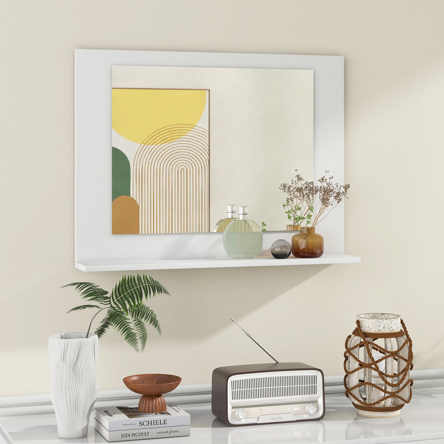 23.5 x 17.5 Inch Rectangle Bathroom Mirror with Shelf and Wood Frame - White