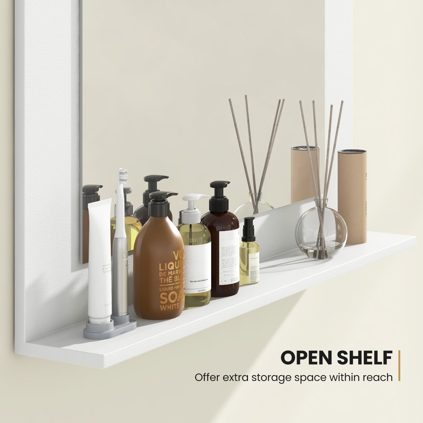 23.5 x 17.5 Inch Rectangle Bathroom Mirror with Shelf and Wood Frame - White