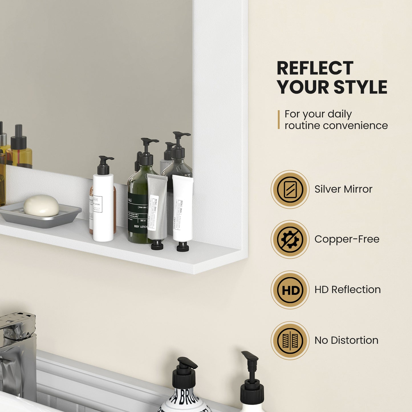 23.5 x 17.5 Inch Rectangle Bathroom Mirror with Shelf and Wood Frame - White