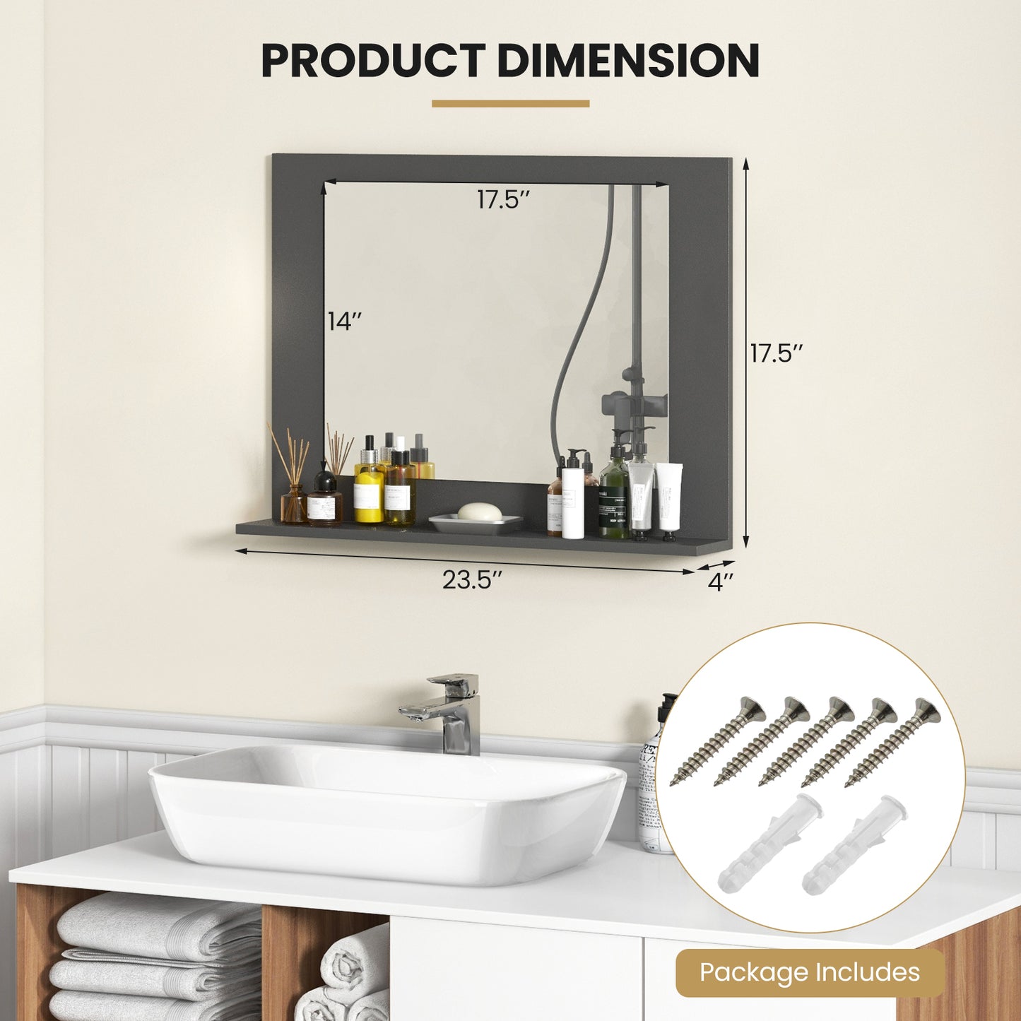23.5 x 17.5 Inch Rectangle Bathroom Mirror with Shelf and Wood Frame - Grey