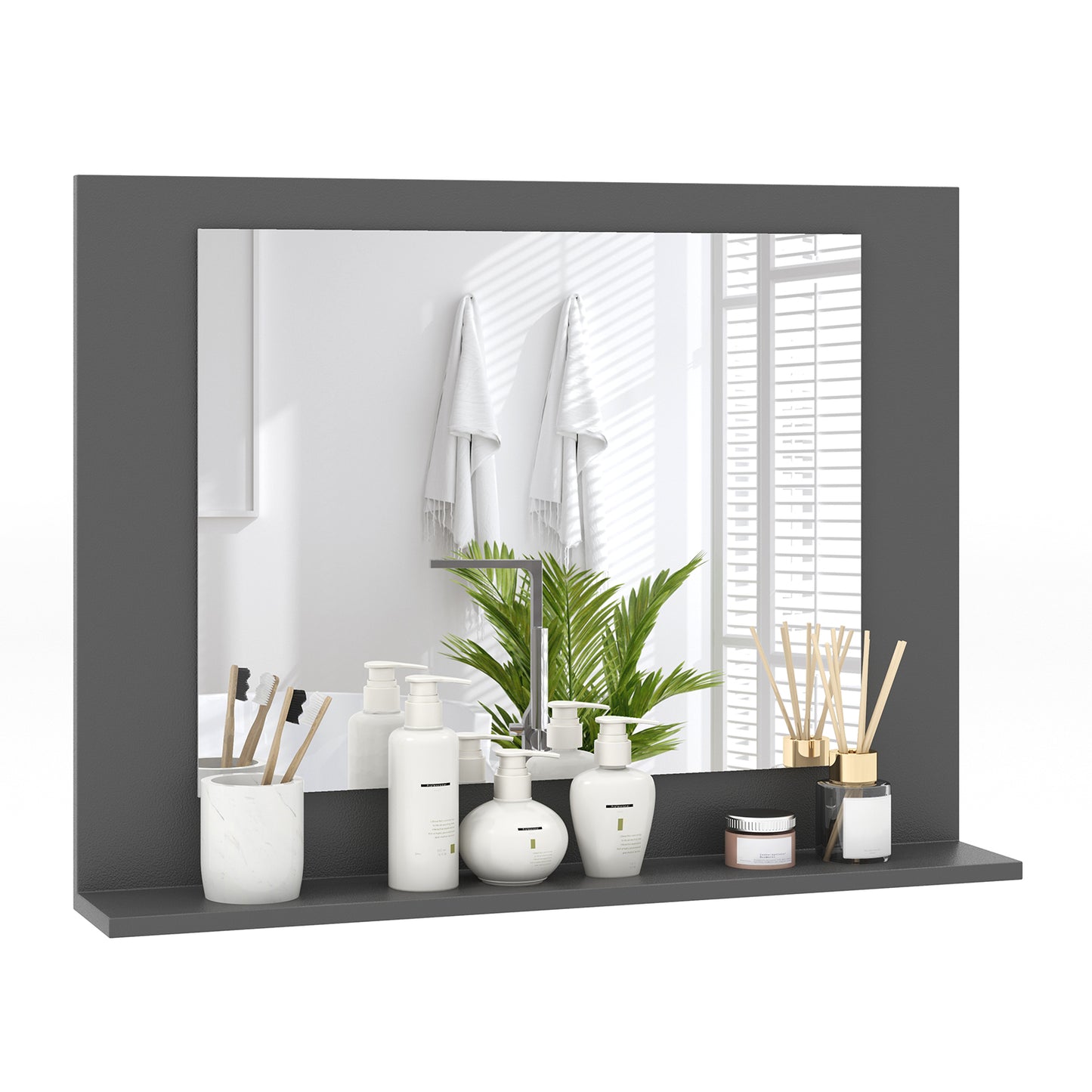 23.5 x 17.5 Inch Rectangle Bathroom Mirror with Shelf and Wood Frame - Grey