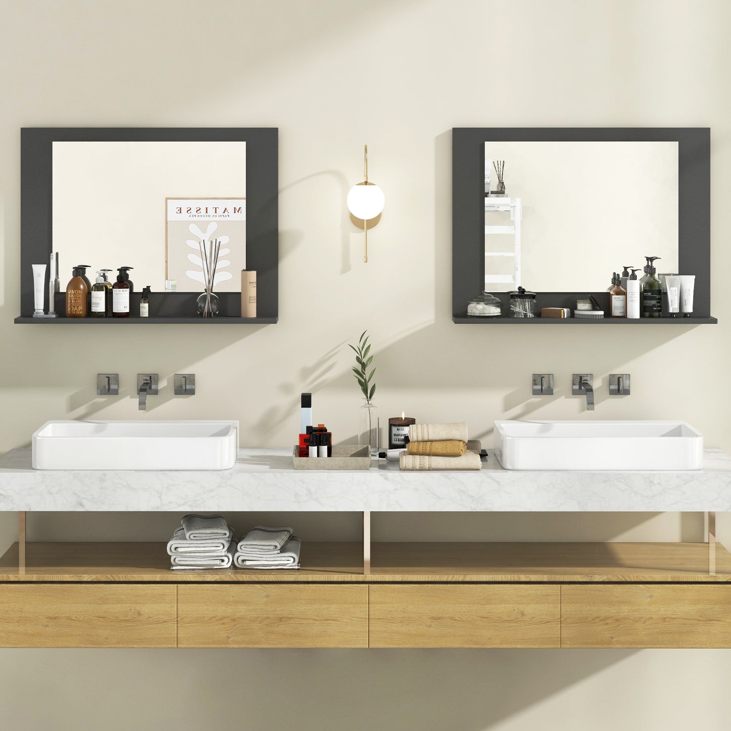 23.5 x 17.5 Inch Rectangle Bathroom Mirror with Shelf and Wood Frame - Grey