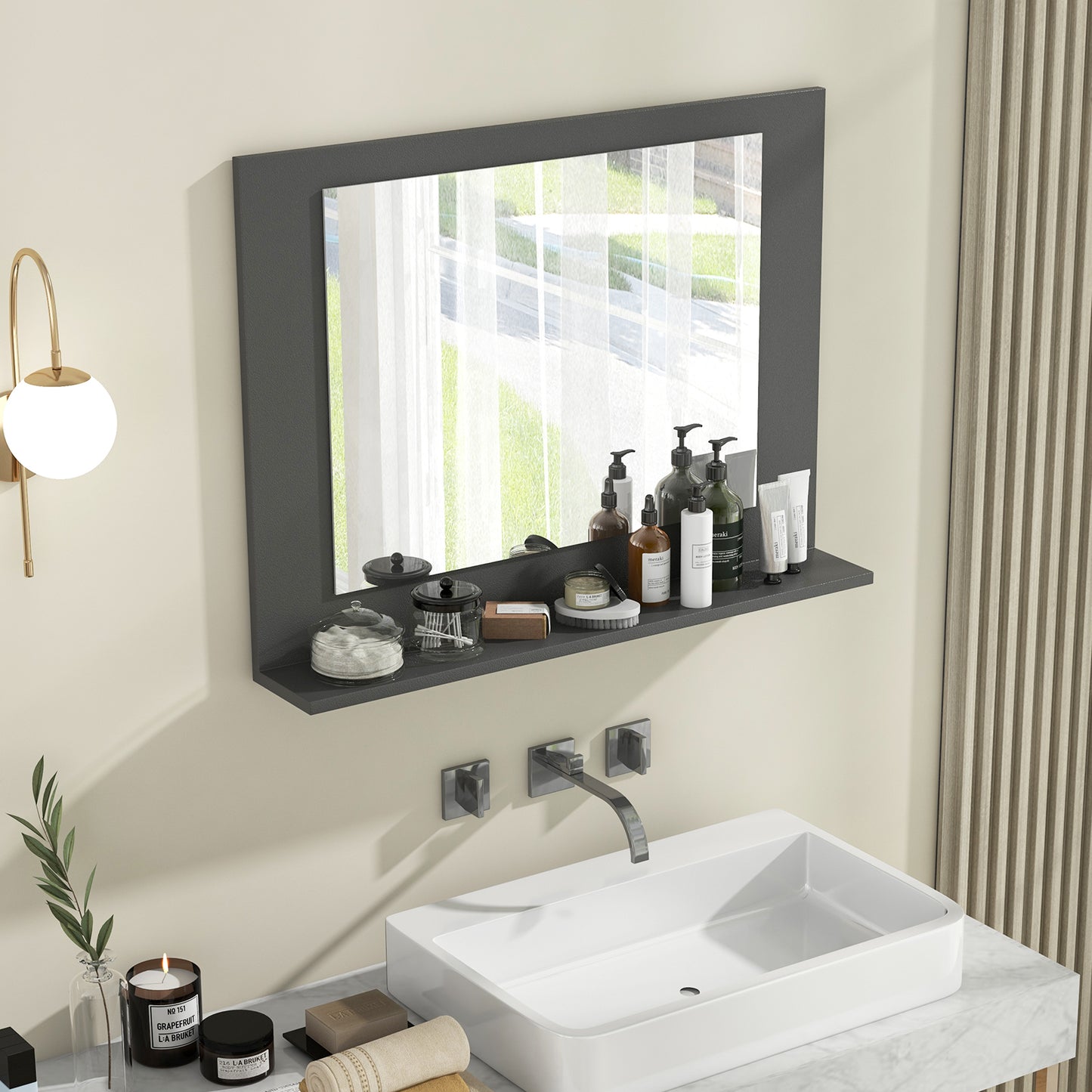 23.5 x 17.5 Inch Rectangle Bathroom Mirror with Shelf and Wood Frame - Grey
