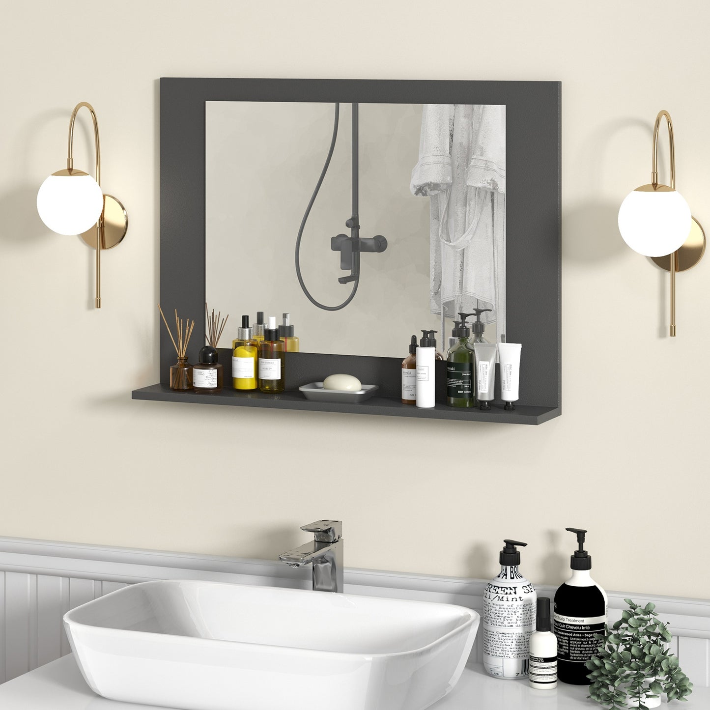 23.5 x 17.5 Inch Rectangle Bathroom Mirror with Shelf and Wood Frame - Grey