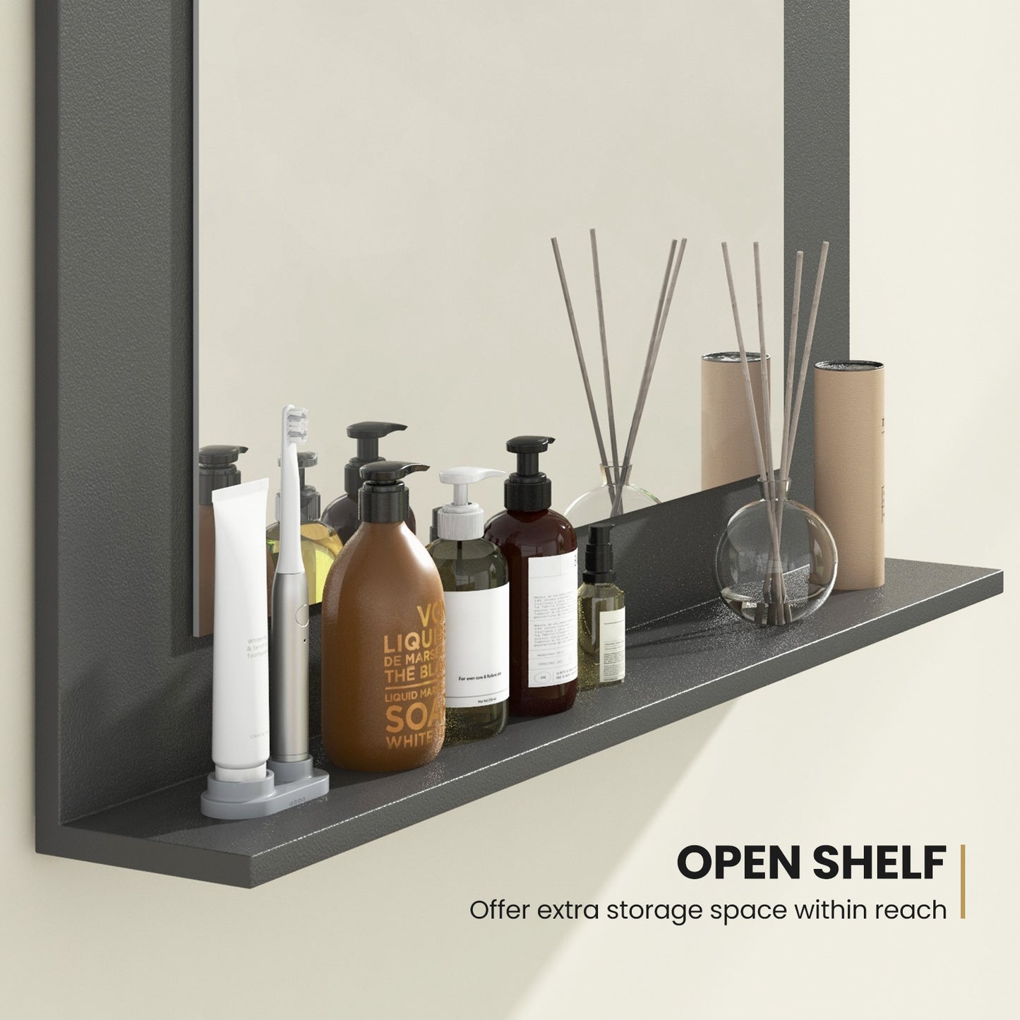 23.5 x 17.5 Inch Rectangle Bathroom Mirror with Shelf and Wood Frame - Grey