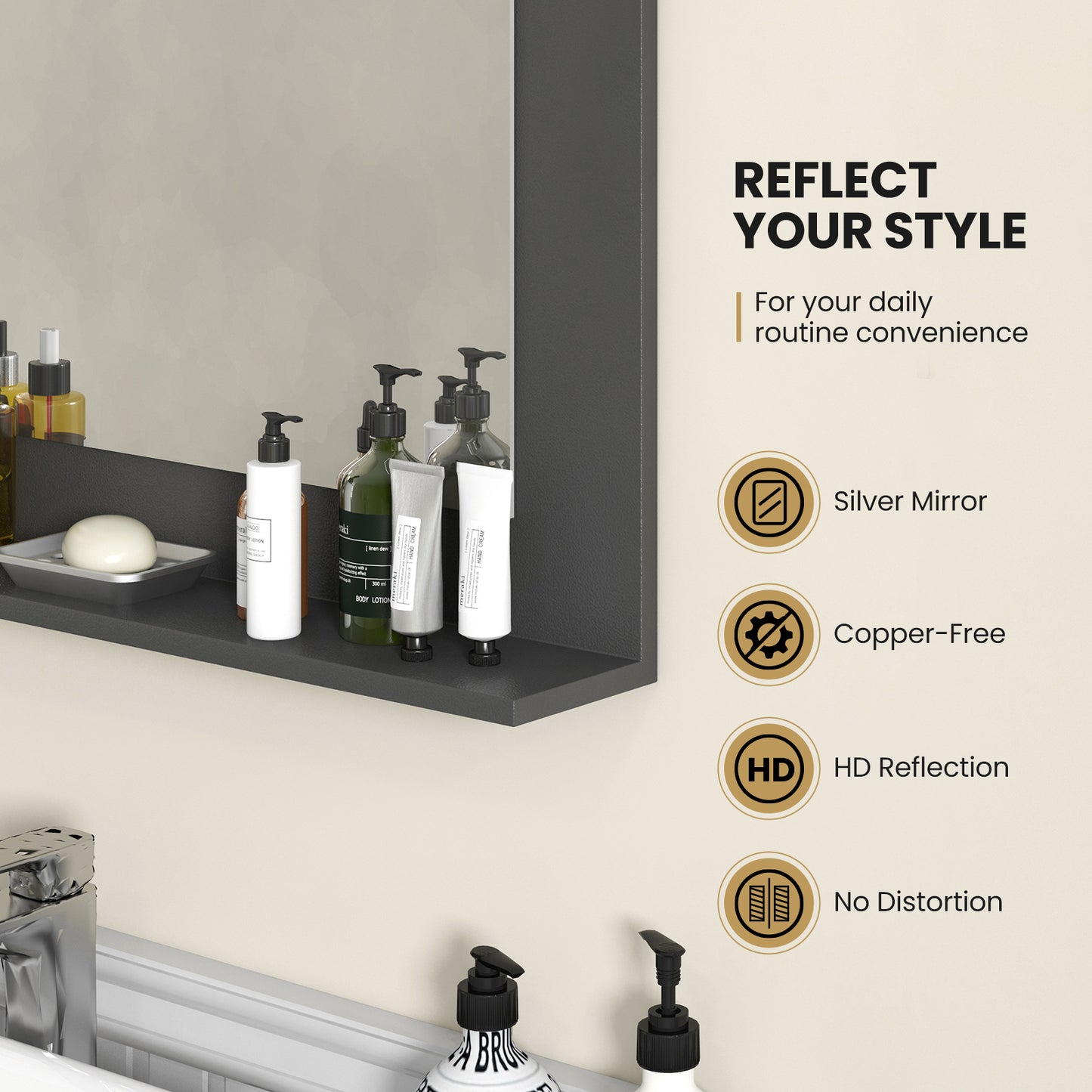 23.5 x 17.5 Inch Rectangle Bathroom Mirror with Shelf and Wood Frame - Grey
