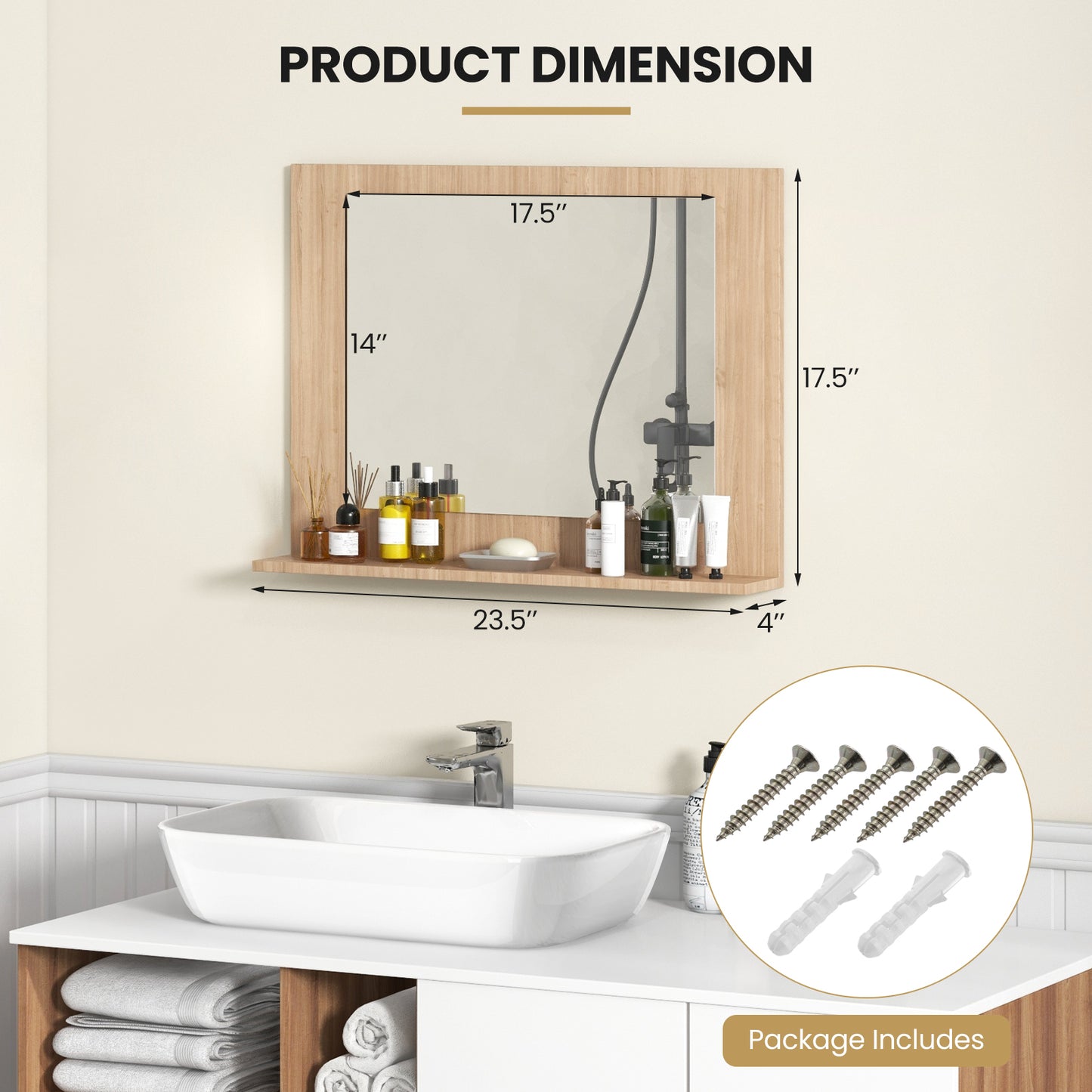 23.5 x 17.5 Inch Rectangle Bathroom Mirror with Shelf and Wood Frame - Brown