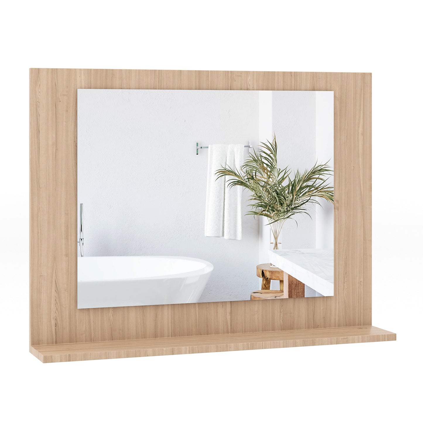 23.5 x 17.5 Inch Rectangle Bathroom Mirror with Shelf and Wood Frame - Brown