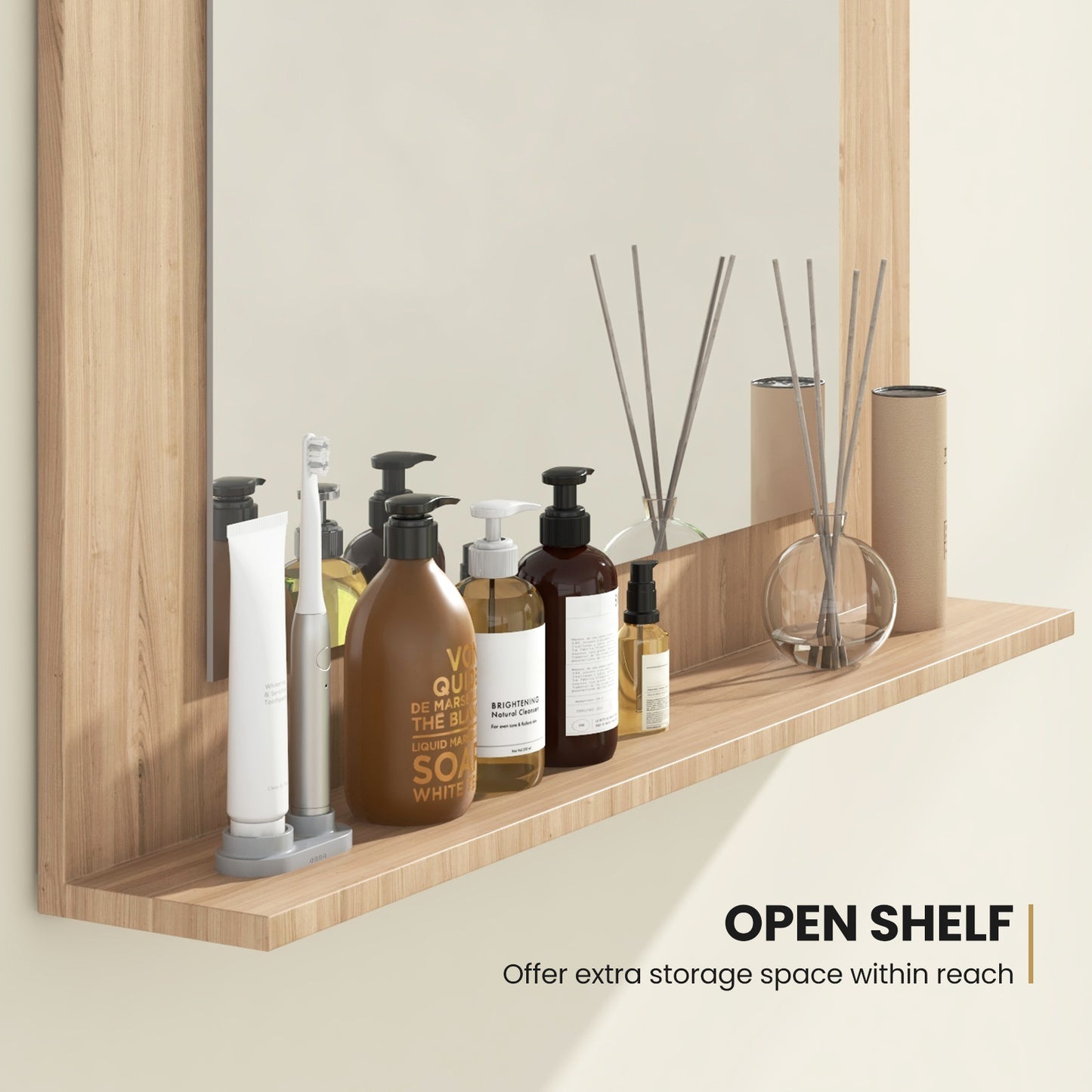 23.5 x 17.5 Inch Rectangle Bathroom Mirror with Shelf and Wood Frame - Brown