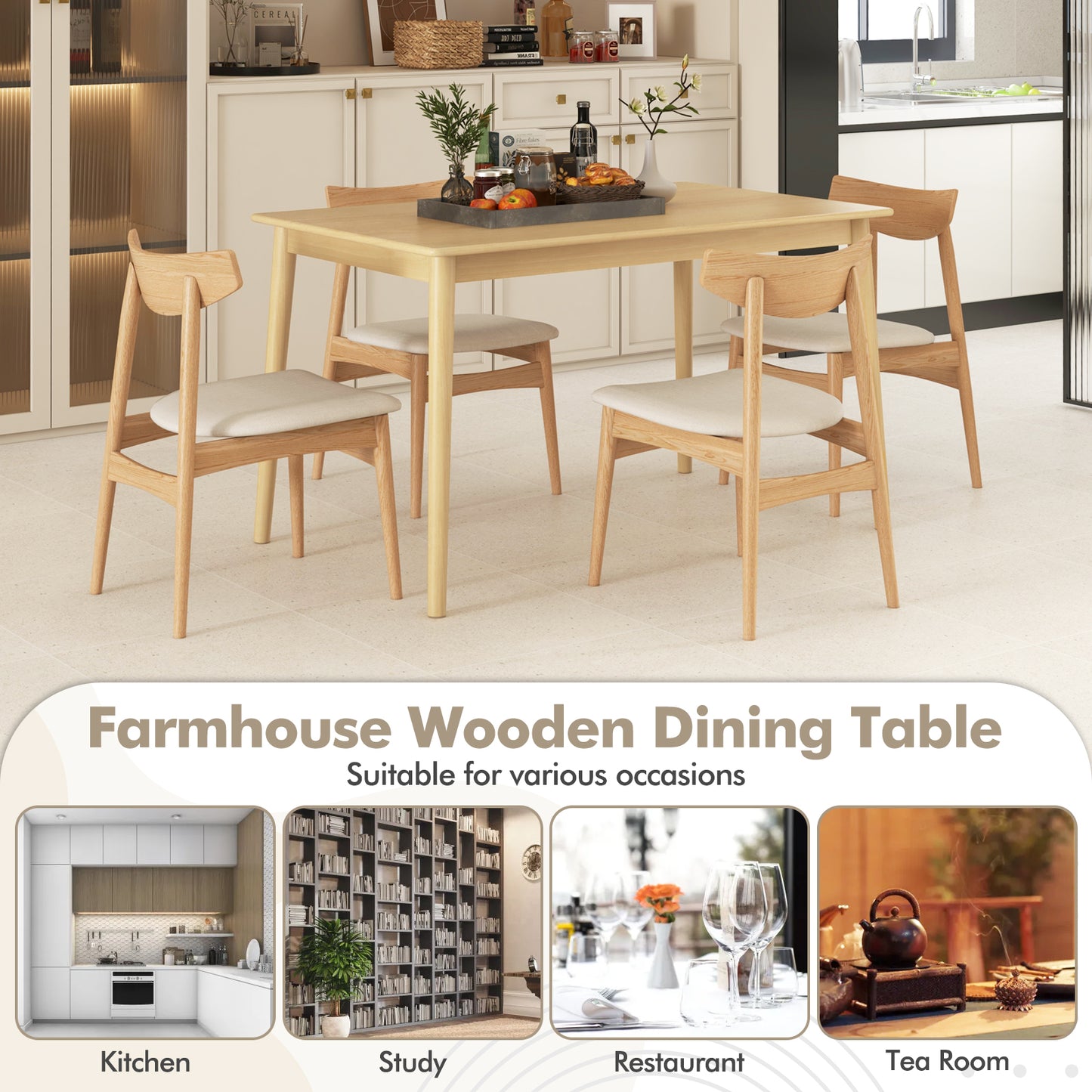 Rectangular Wood Dining Table for 4 with Solid Rubber Wood Legs in Natural Finish