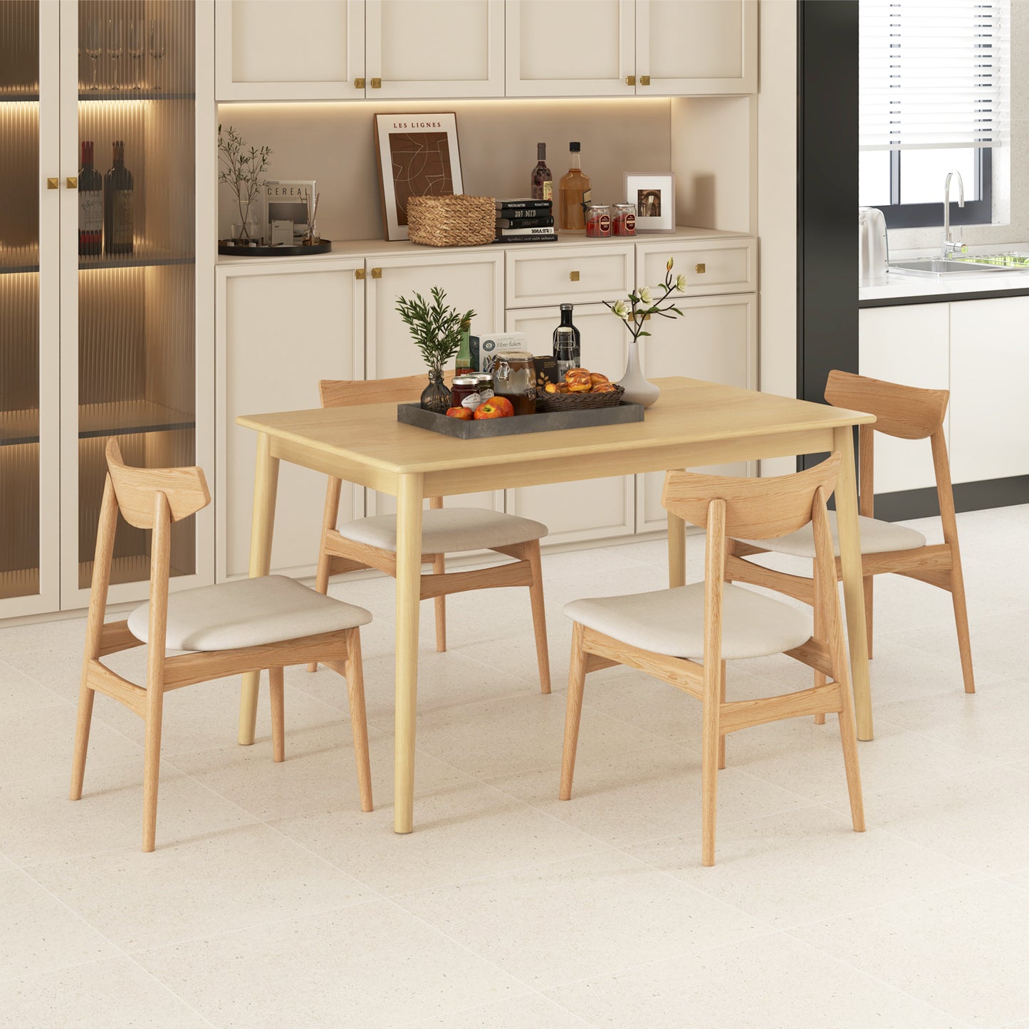 Rectangular Wood Dining Table for 4 with Solid Rubber Wood Legs in Natural Finish