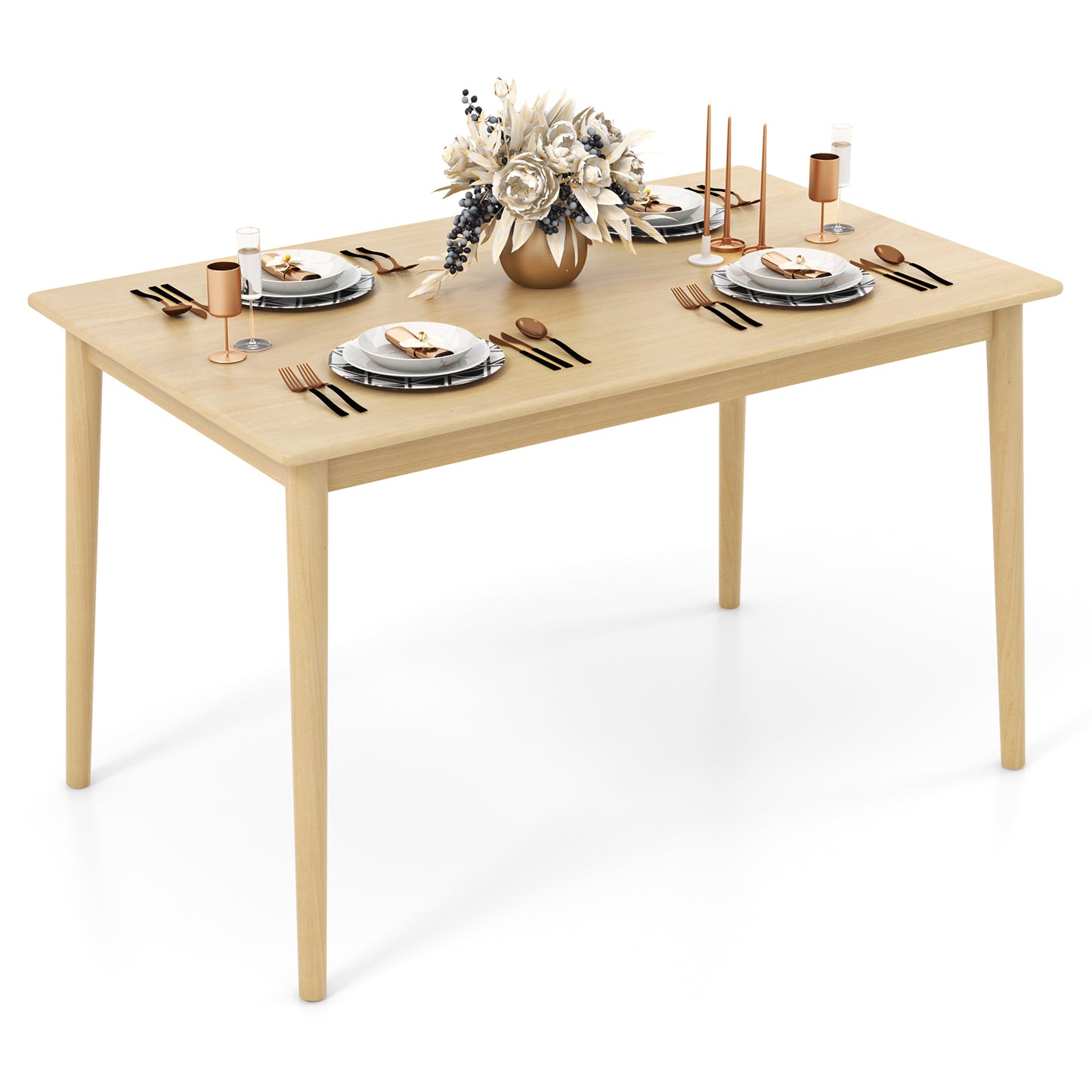 Rectangular Wood Dining Table for 4 with Solid Rubber Wood Legs in Natural Finish