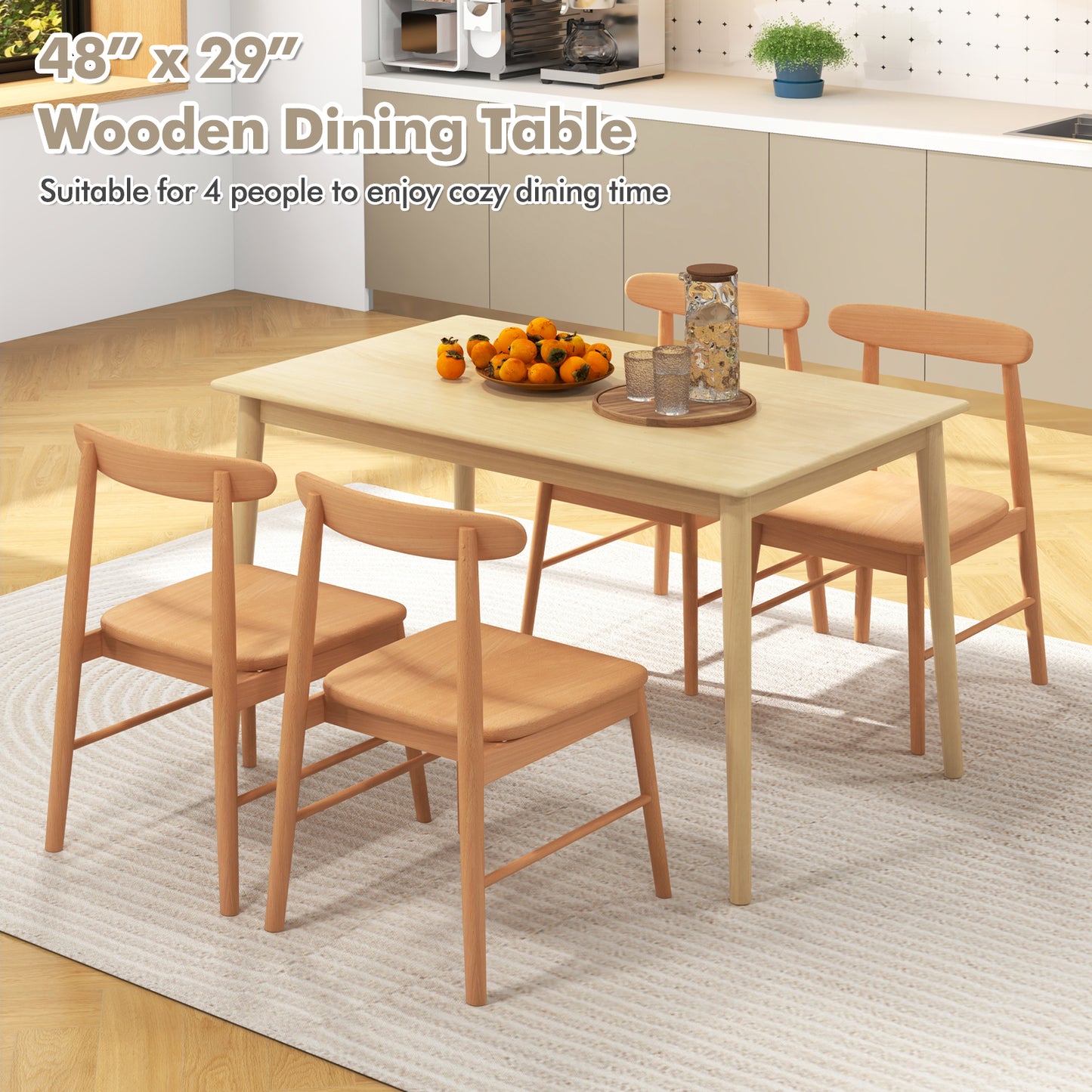 Rectangular Wood Dining Table for 4 with Solid Rubber Wood Legs in Natural Finish