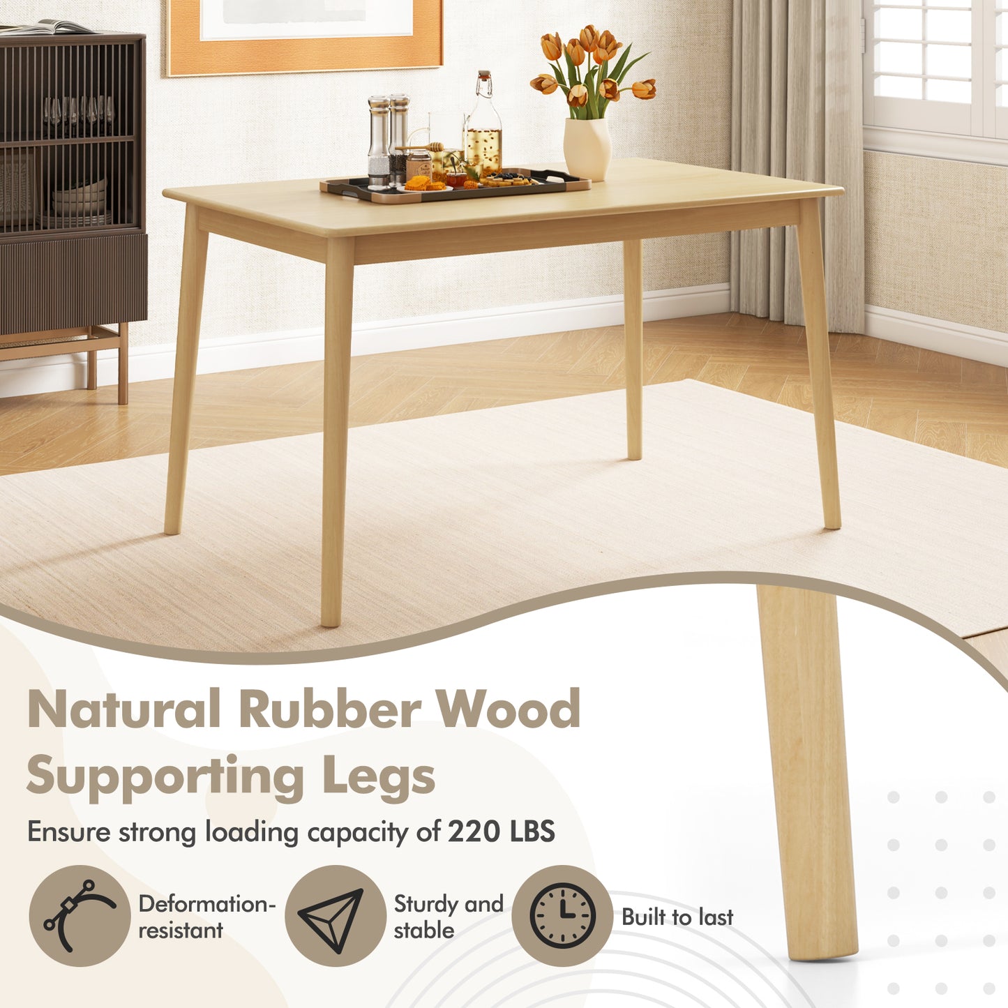 Rectangular Wood Dining Table for 4 with Solid Rubber Wood Legs in Natural Finish