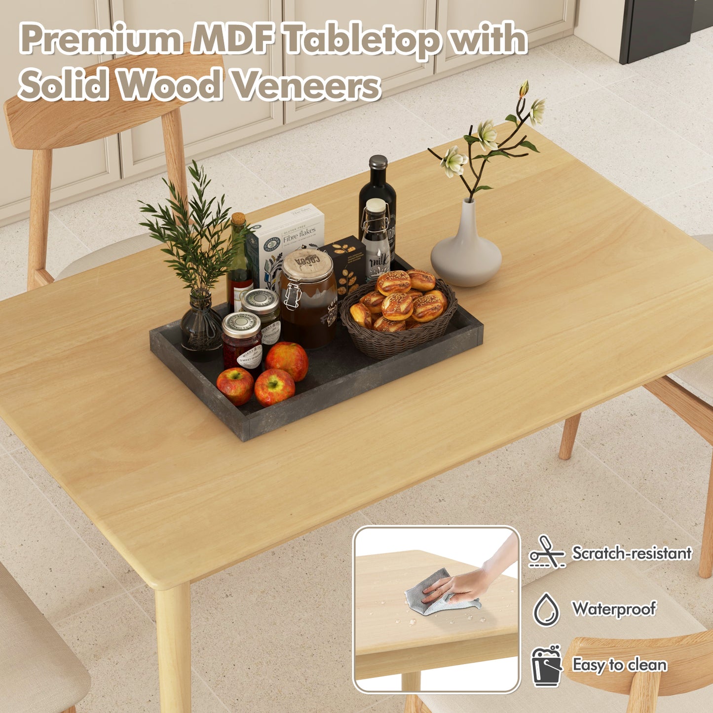 Rectangular Wood Dining Table for 4 with Solid Rubber Wood Legs in Natural Finish