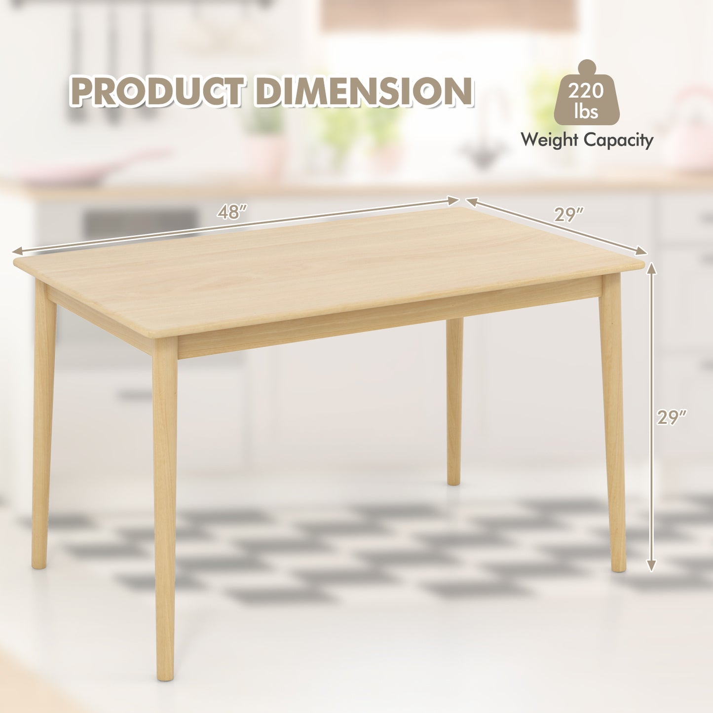 Rectangular Wood Dining Table for 4 with Solid Rubber Wood Legs in Natural Finish