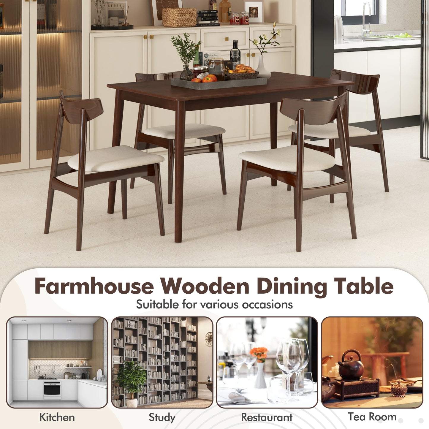 Rectangular Wood Dining Table for 4 with Solid Rubber Wood Legs in Brown Finish