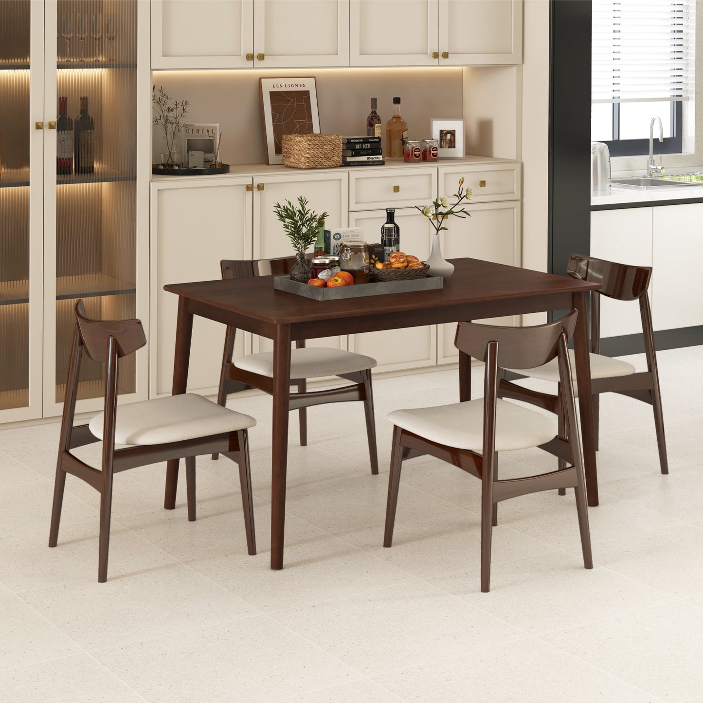 Rectangular Wood Dining Table for 4 with Solid Rubber Wood Legs in Brown Finish